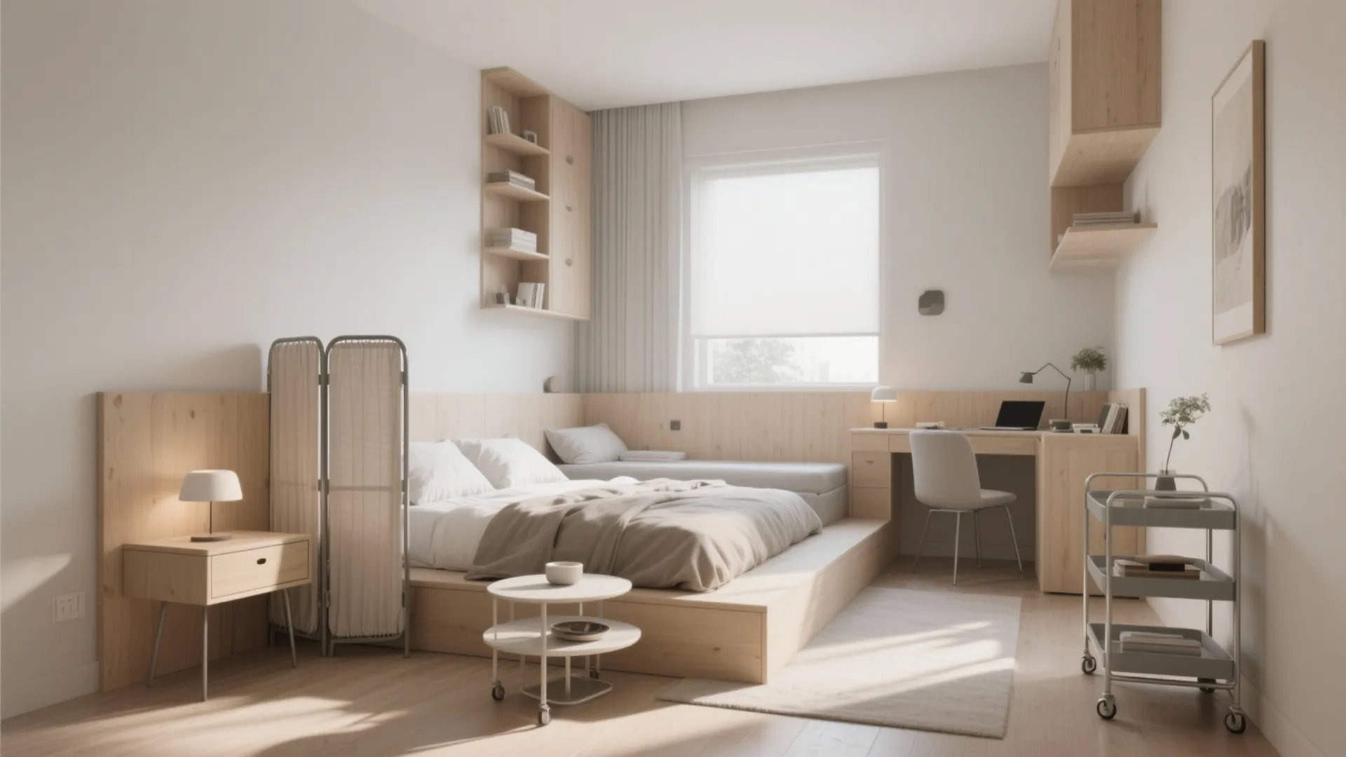 4. Flexible layout: floating nightstands and movable screens