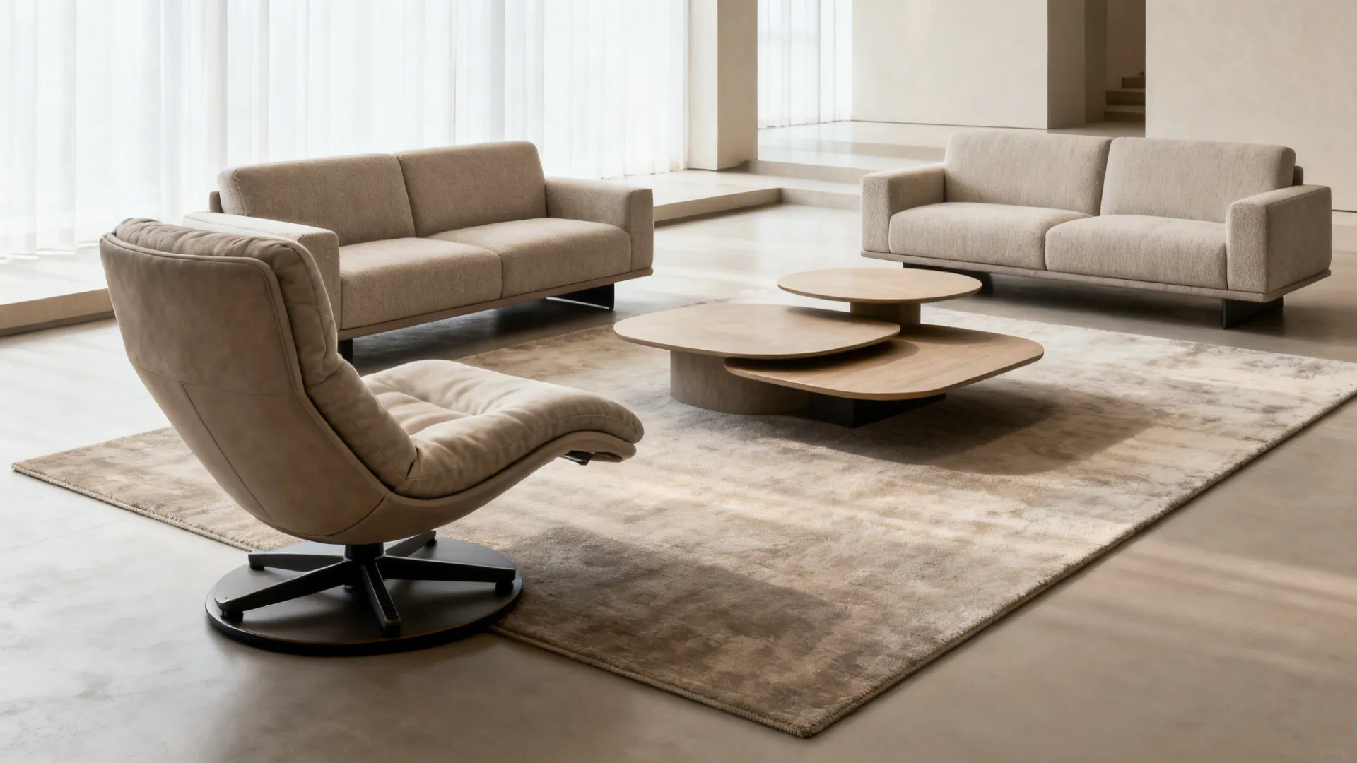 Flexible modern living room with swivel lounge chair, nesting tables, and a floating rug.