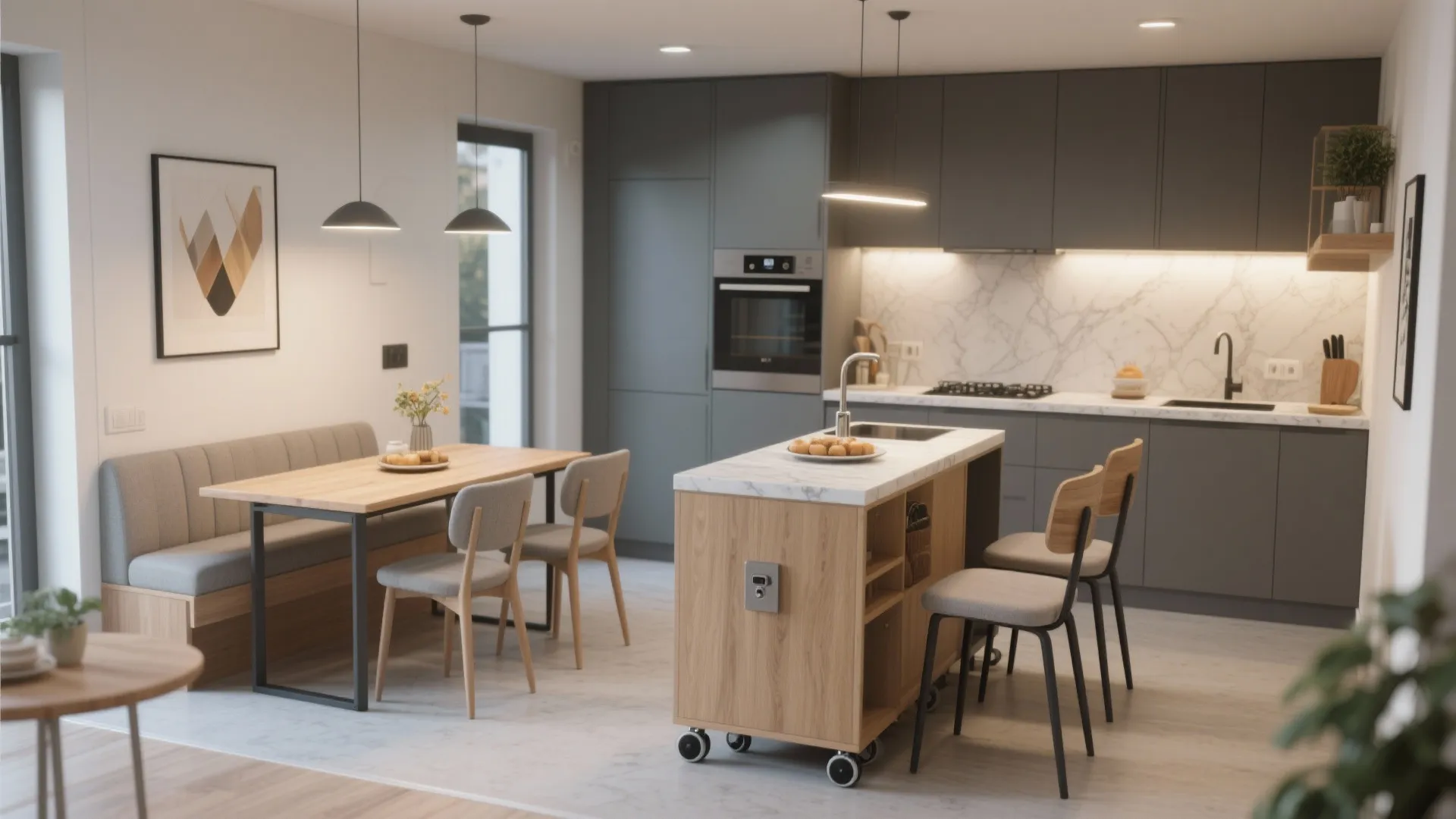Open plan kitchen with grey cabinets a mobile wooden island and a cozy dining area