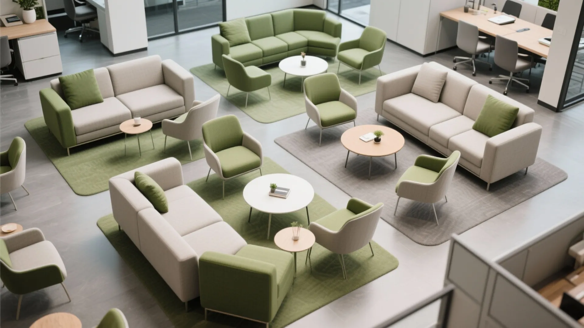 Top-down view showing flexible modular seating in an office lounge