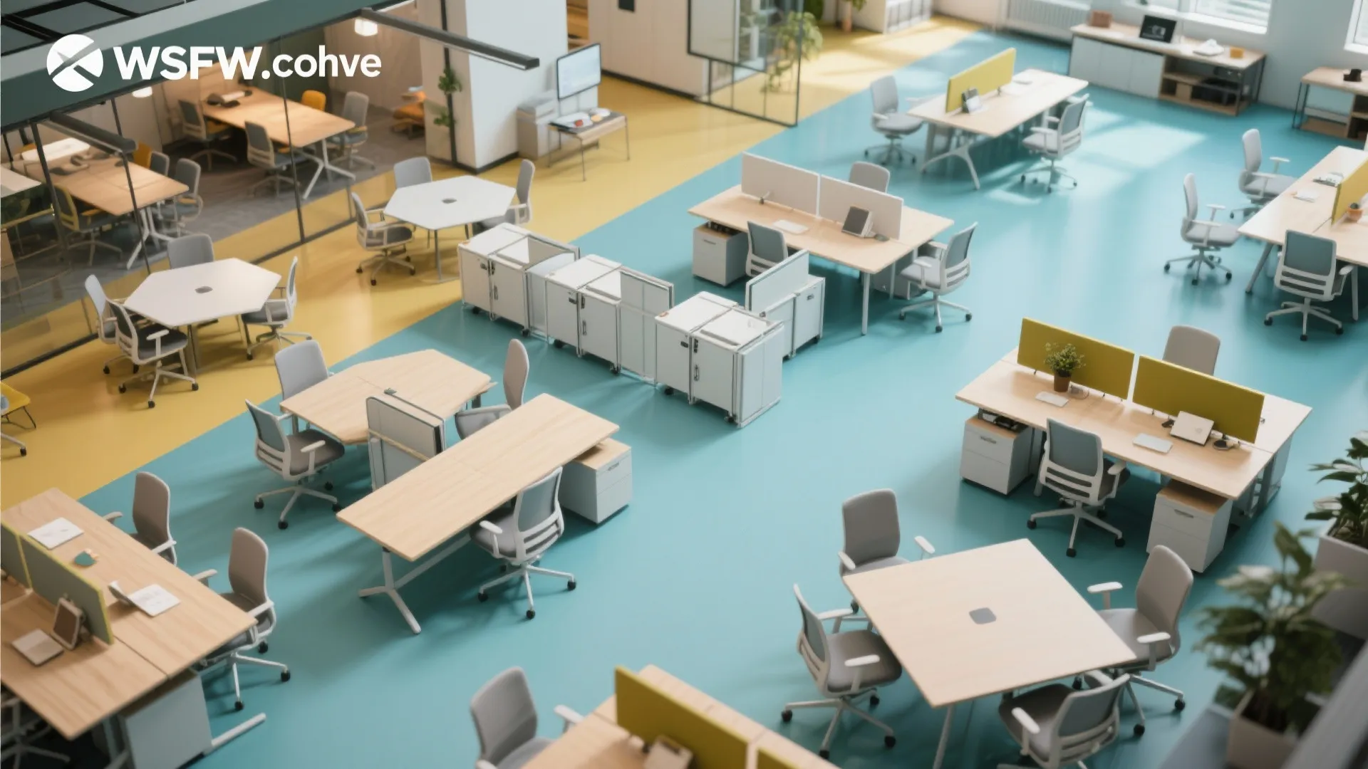 Top-down view of movable desks in a co-working space