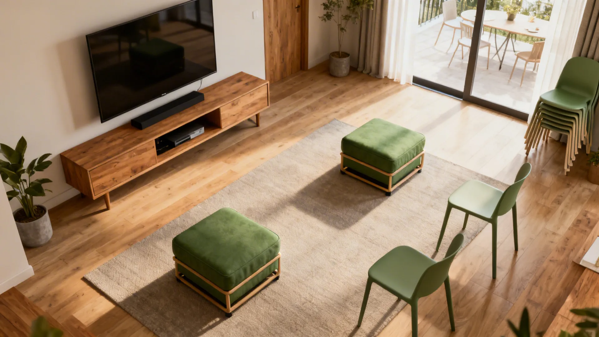Modern living room with green square footrests, matching chairs, wooden cabinet, and large flat screen