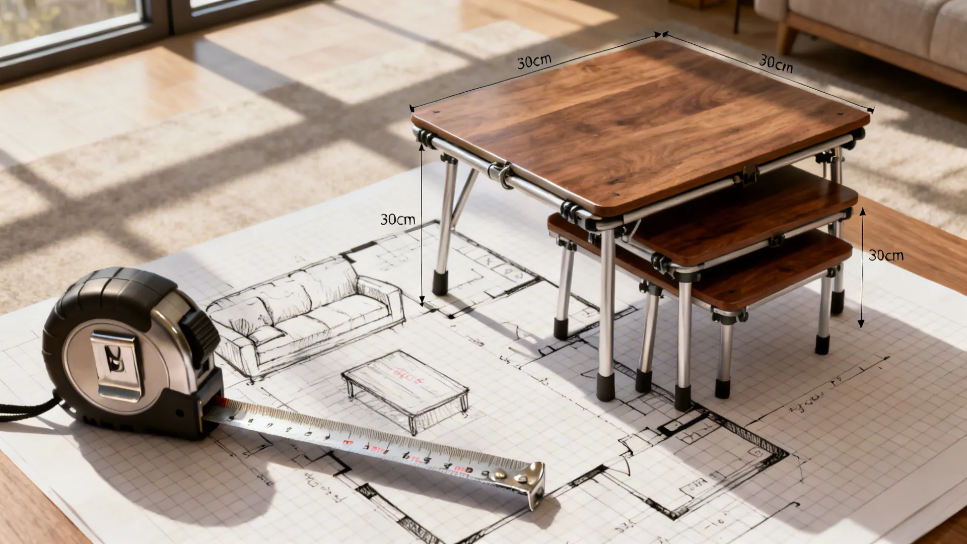 Top-down measured layout with tape measure and flexible furniture options annotated