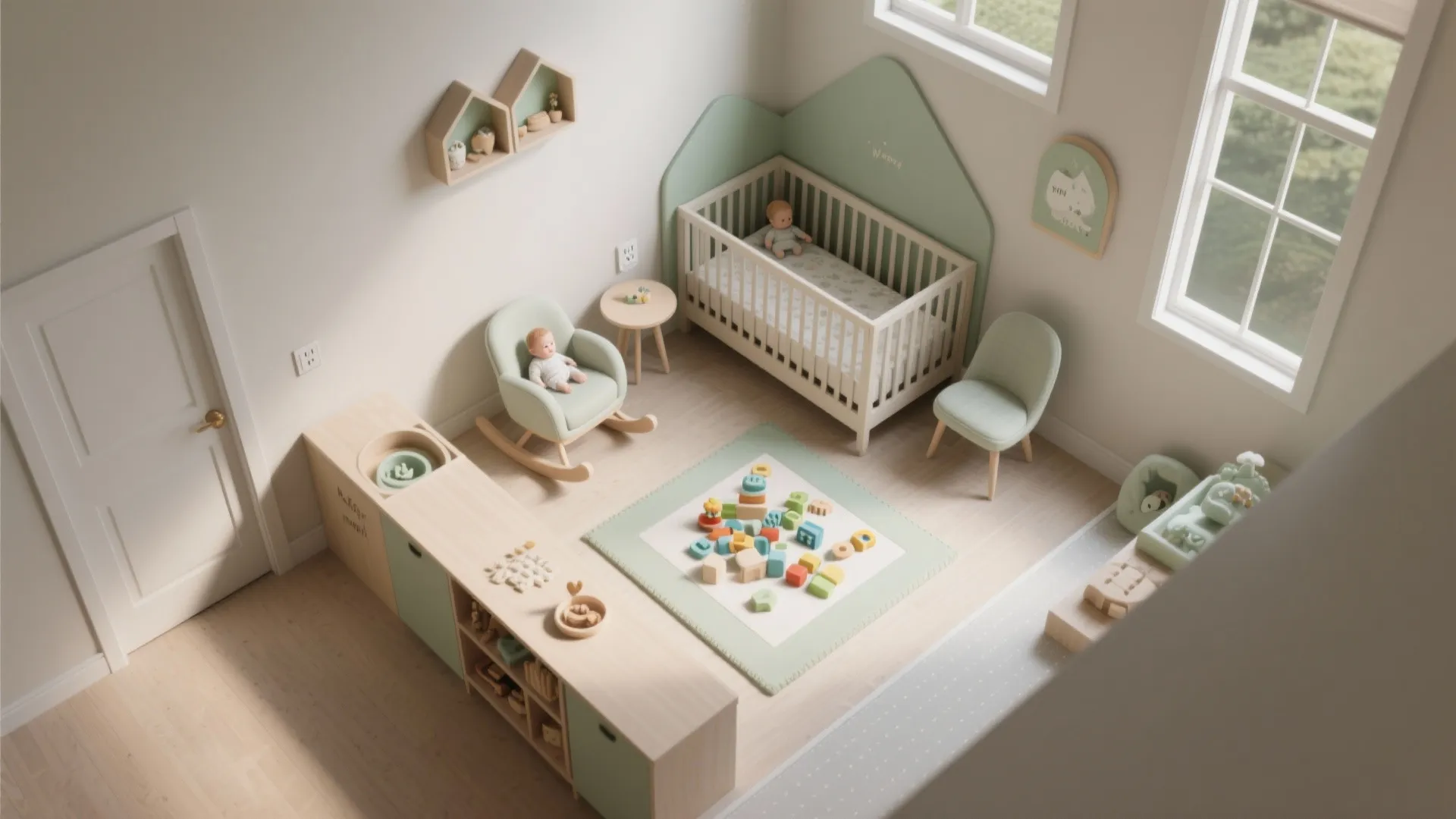 Bright nursery room design with wooden crib rocking chair toy cabinet green rug and natural light