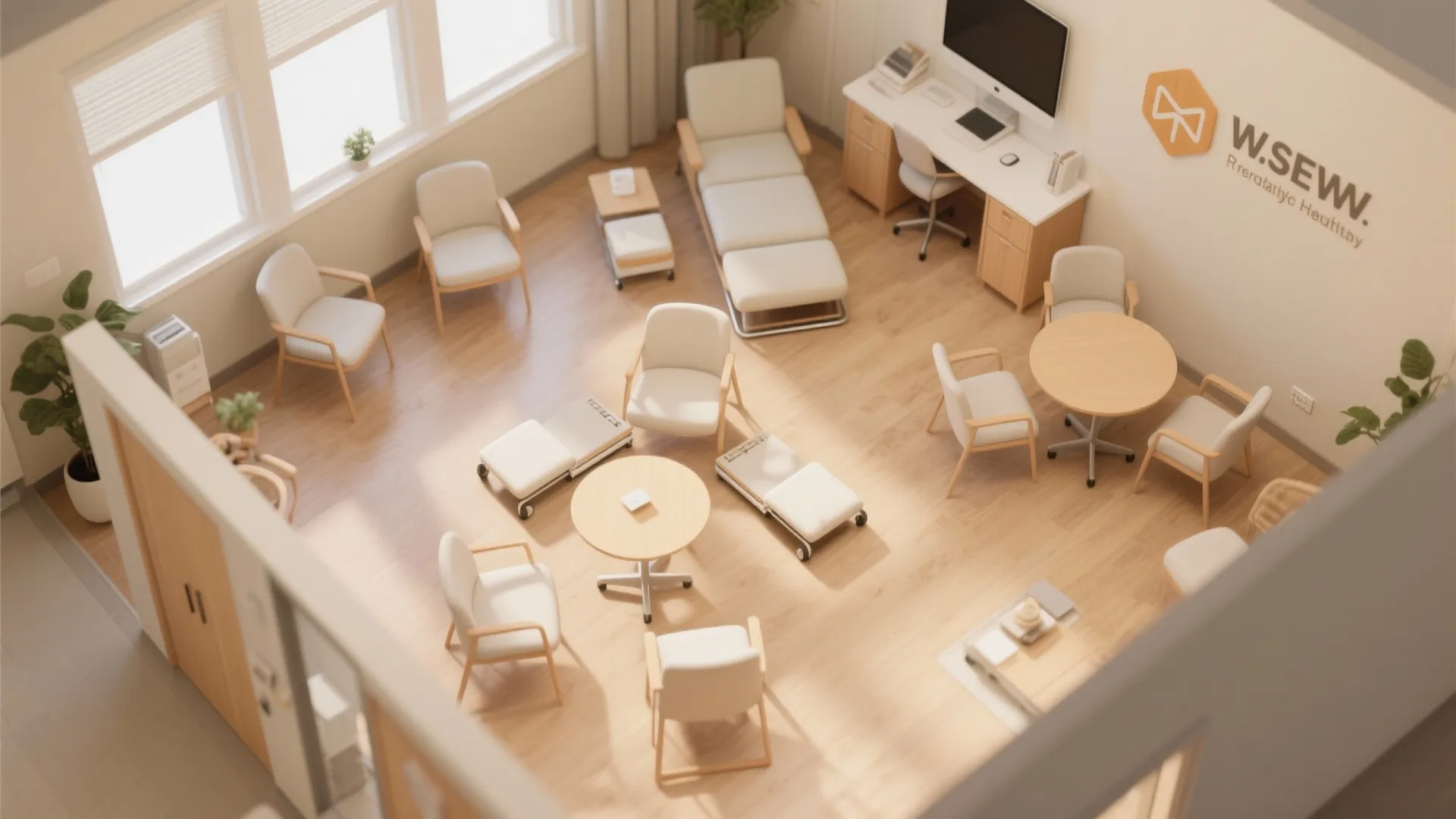 Top down interior design drawing showing office room layout with white chairs desks and wooden floors