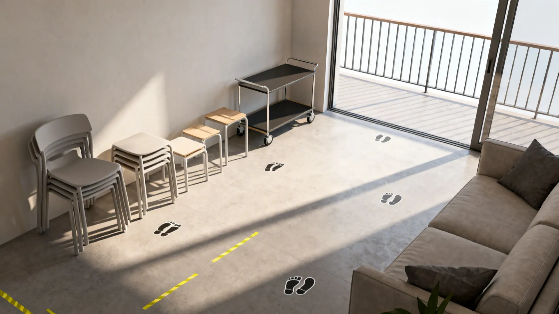 Top-down view of a flexible small living room layout with lightweight furniture and clear circulation paths.