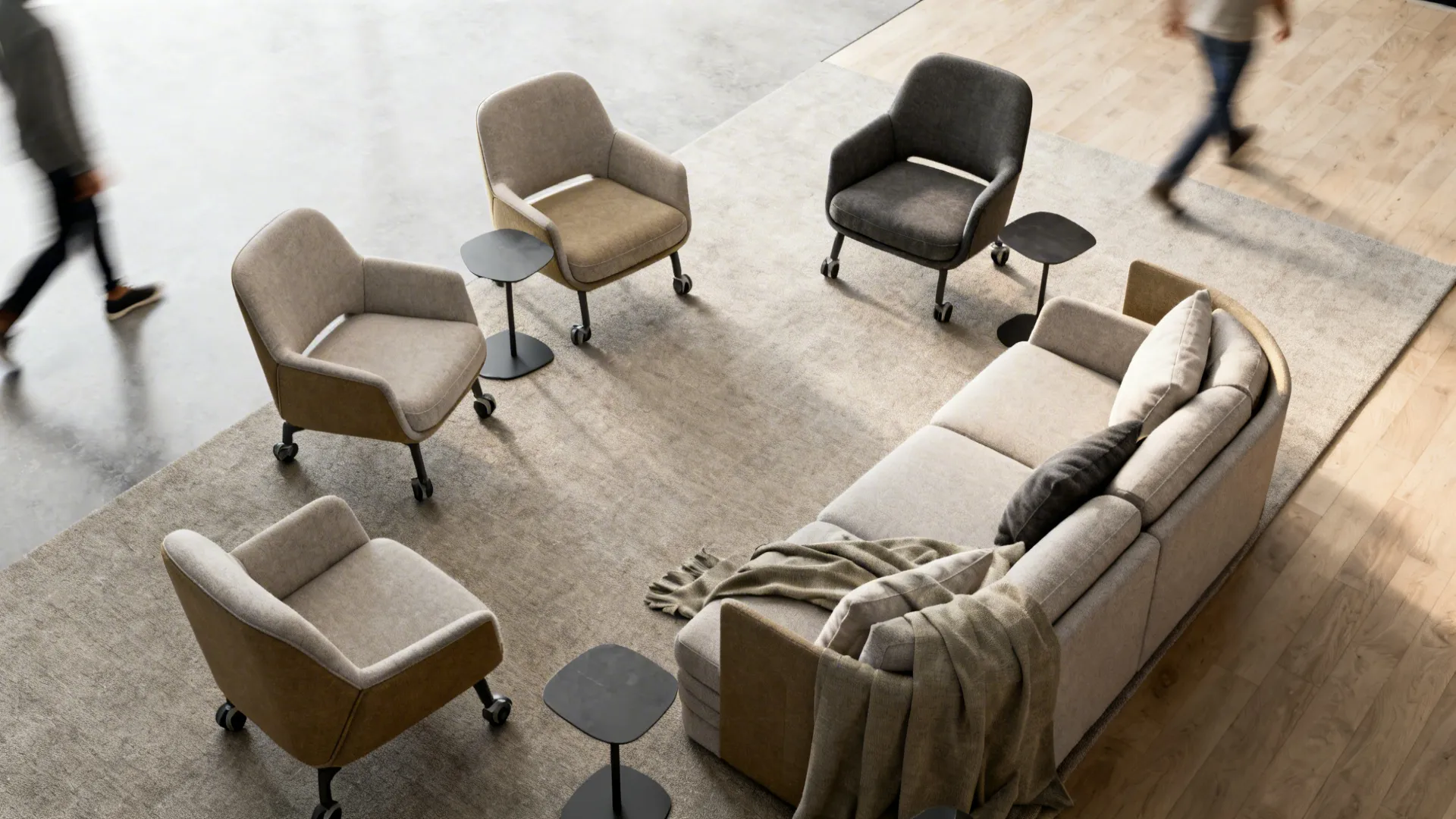 Top down room layout with large sofa four grey chairs on wheels and black tables
