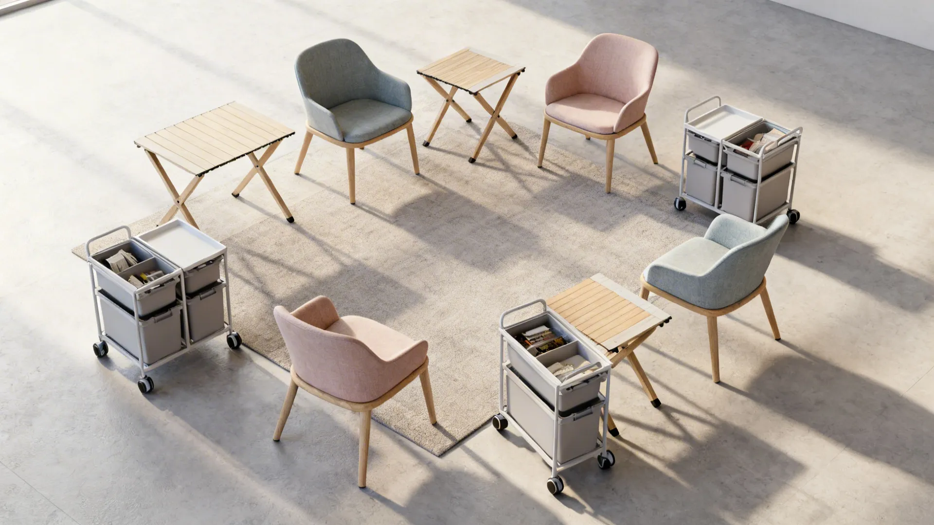 Top-down view of a compact living room with lightweight movable furniture showing flexible layouts.