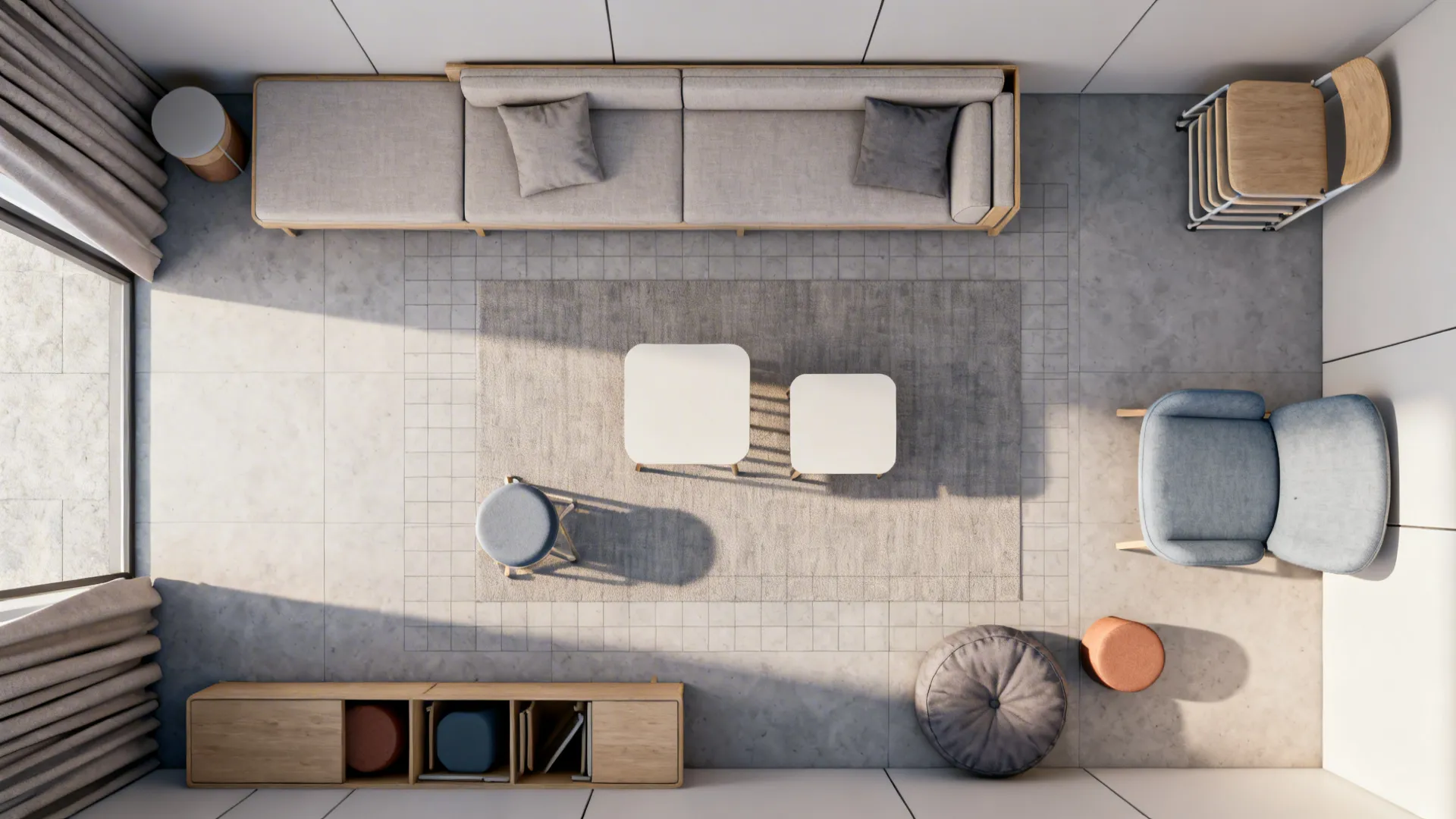 Top-down view of flexible furniture arrangements in a small living room with slim-profile pieces