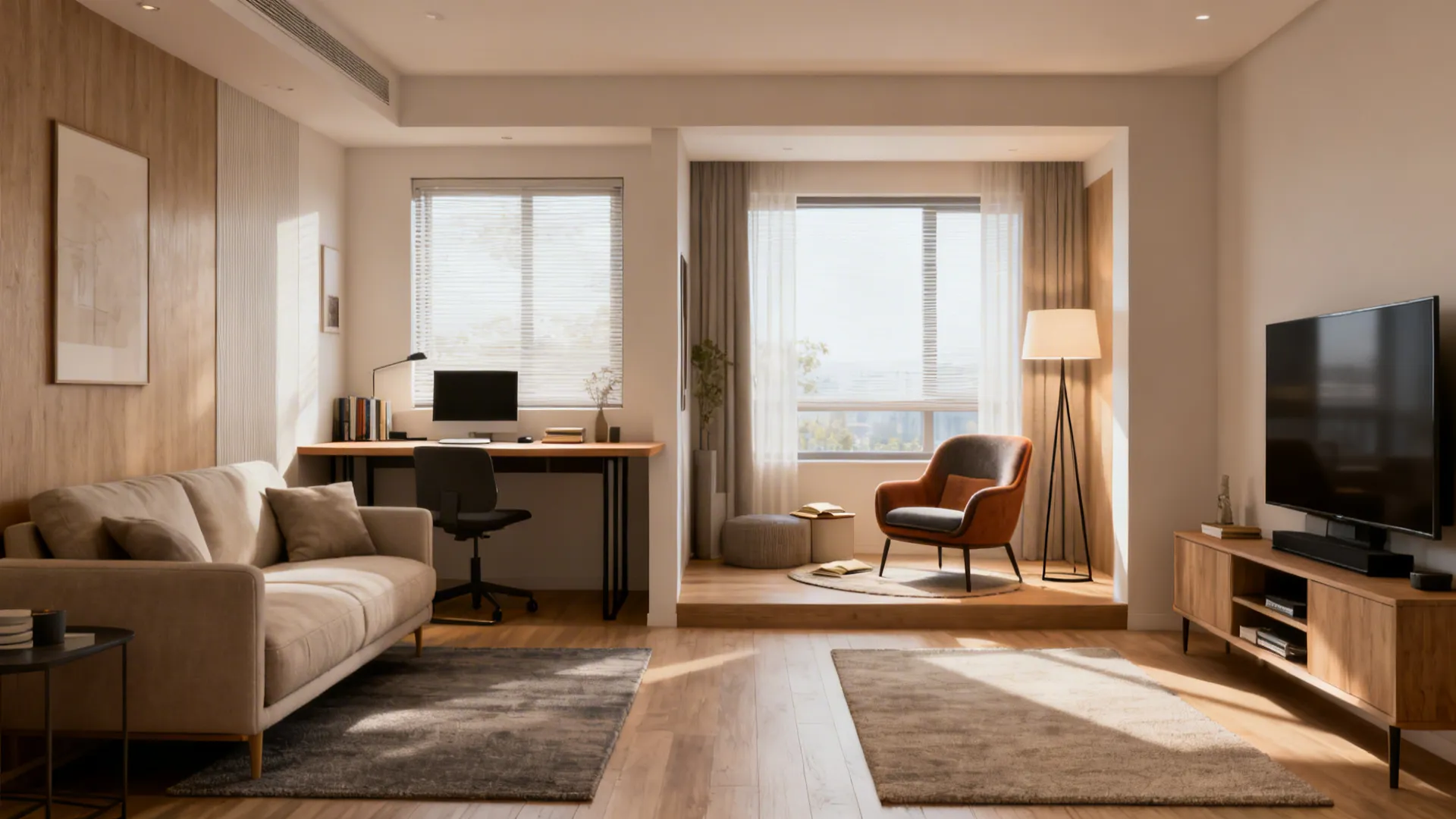 Open small living area with zones for working, reading, and watching defined by rugs and furniture