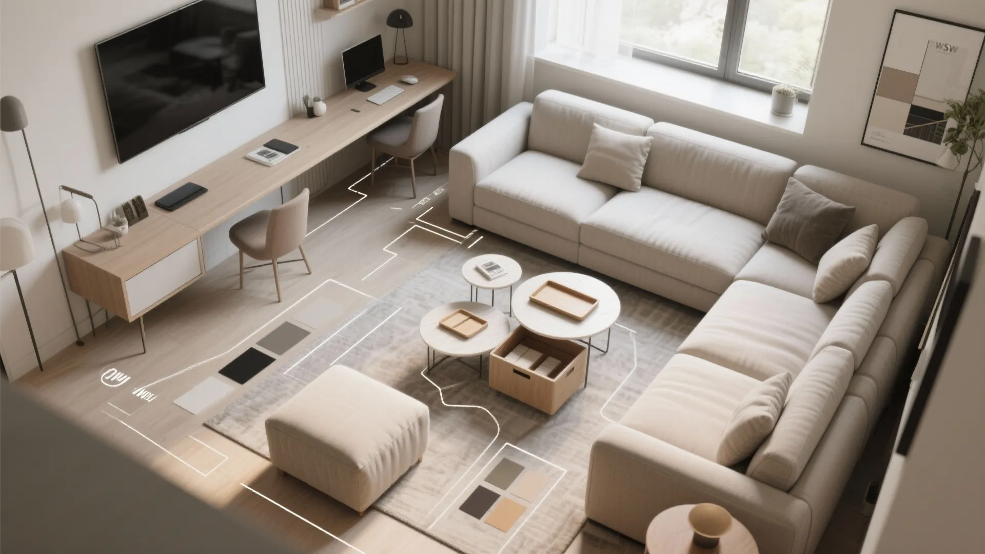Interior design drawing of a living room showing sofa and desk with layout planning lines