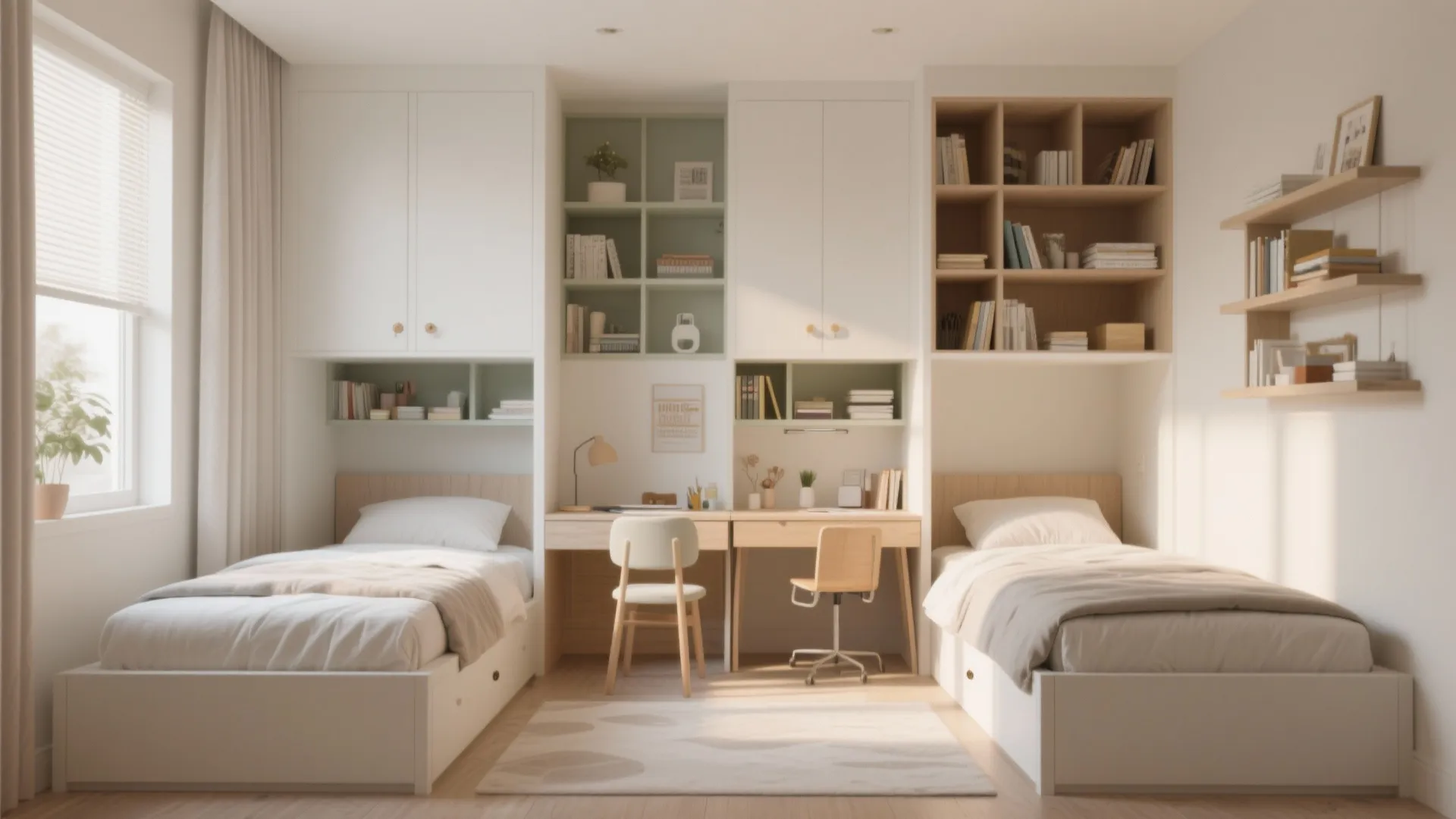 Flexible twin bedroom layout with daybed conversion and a fold-down desk for study nooks.