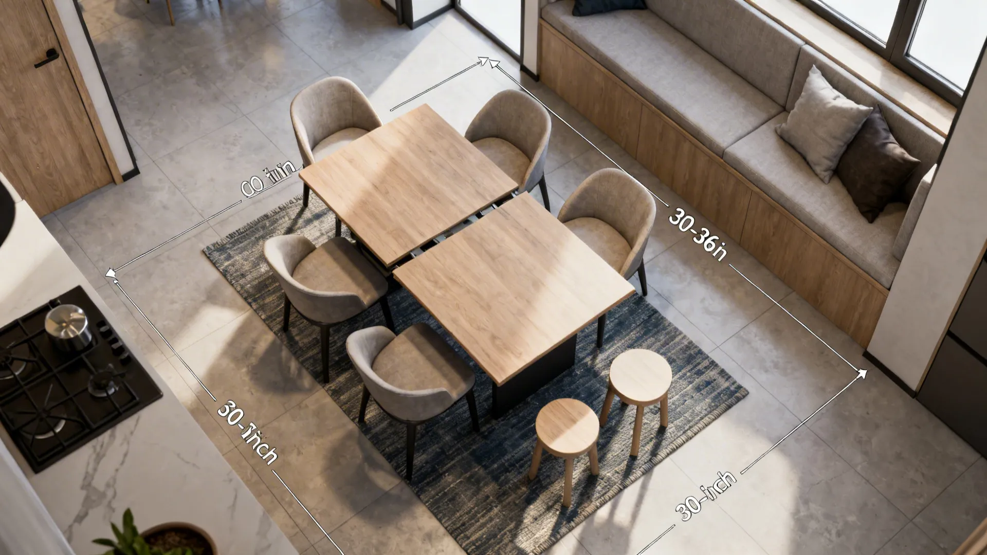Top-down view of a compact dining area showing clear pathways and flexible furniture layouts