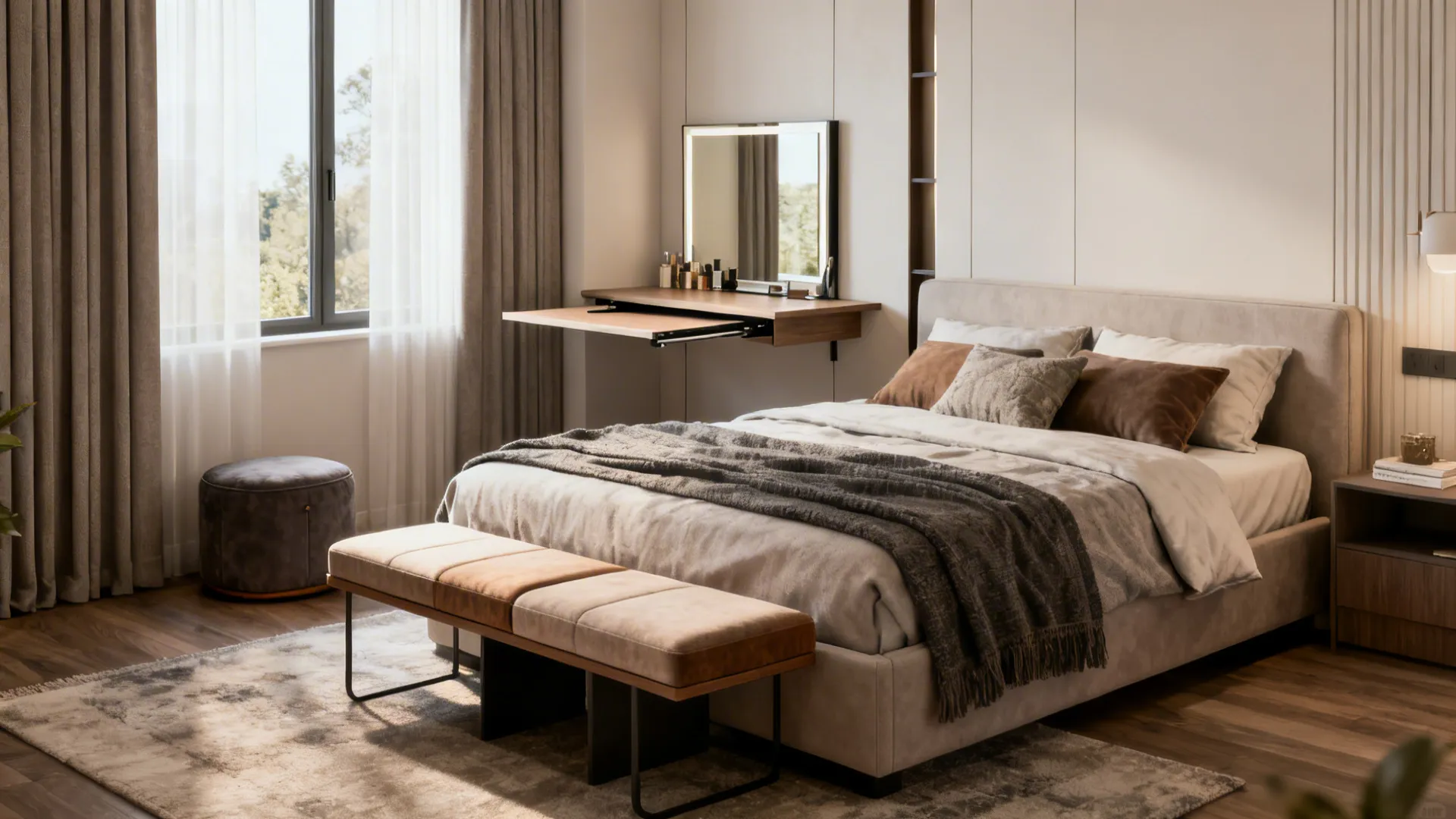 Small bedroom with a multipurpose bench and a slim wall-folding desk serving as a vanity.