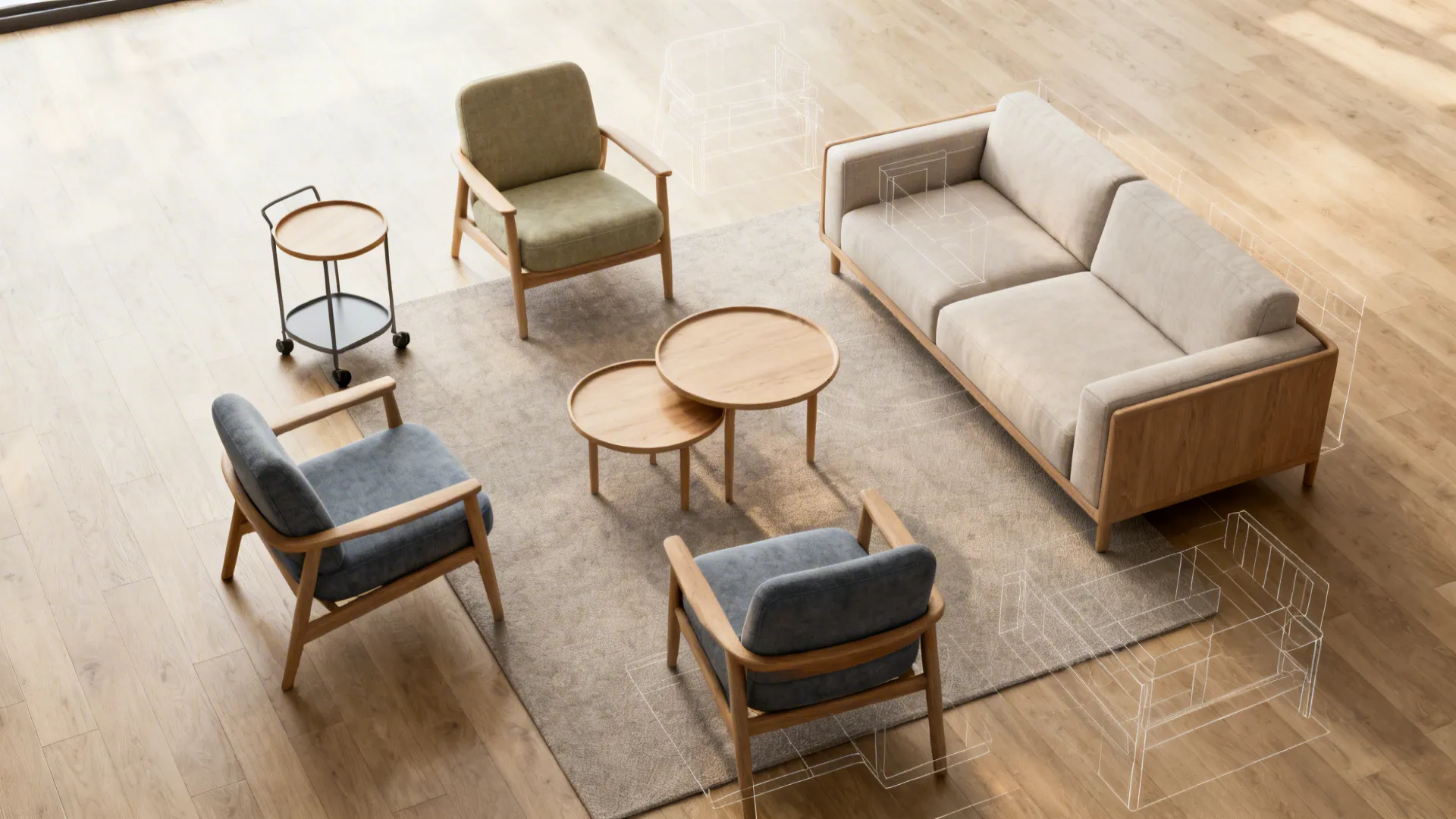 Top-down layout of a small living room showing movable chairs, rolling side table and nesting tables around one anchor sofa