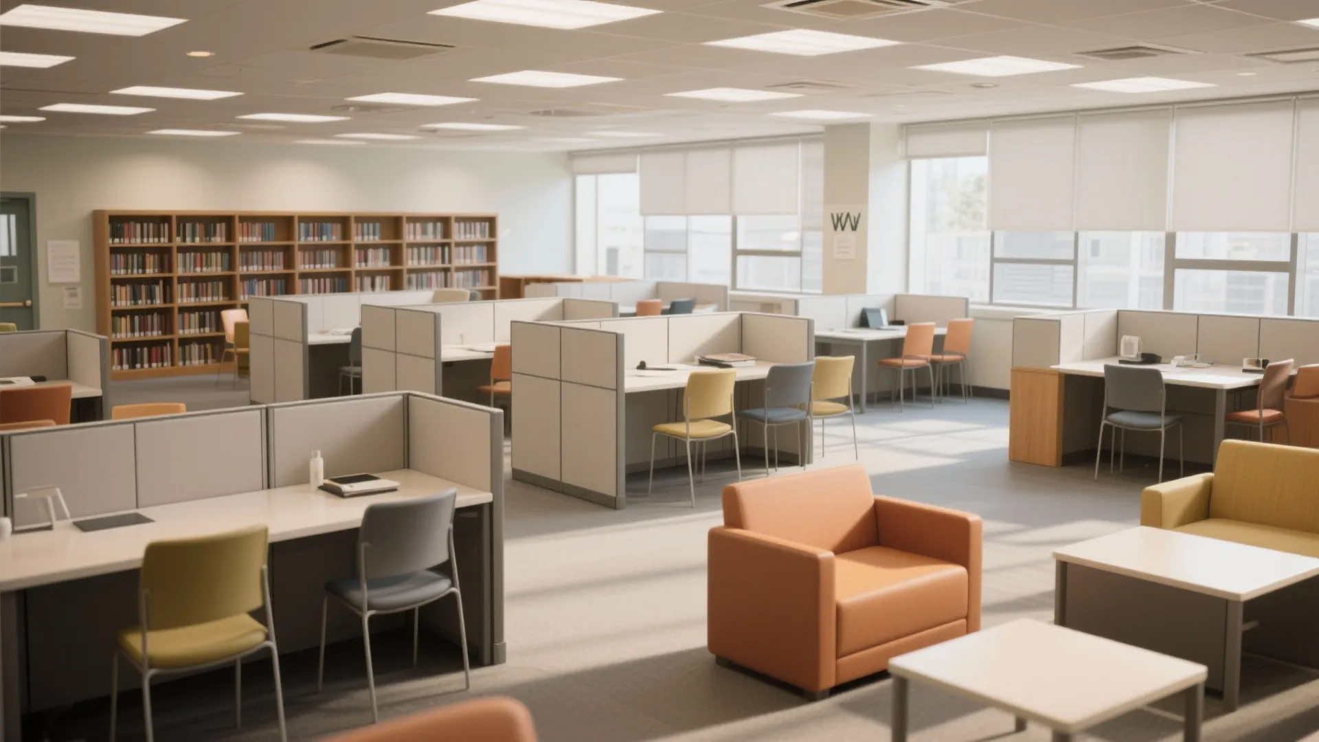 Modern library room layout with office cubicles colorful chairs orange sofa and tall wooden bookshelves