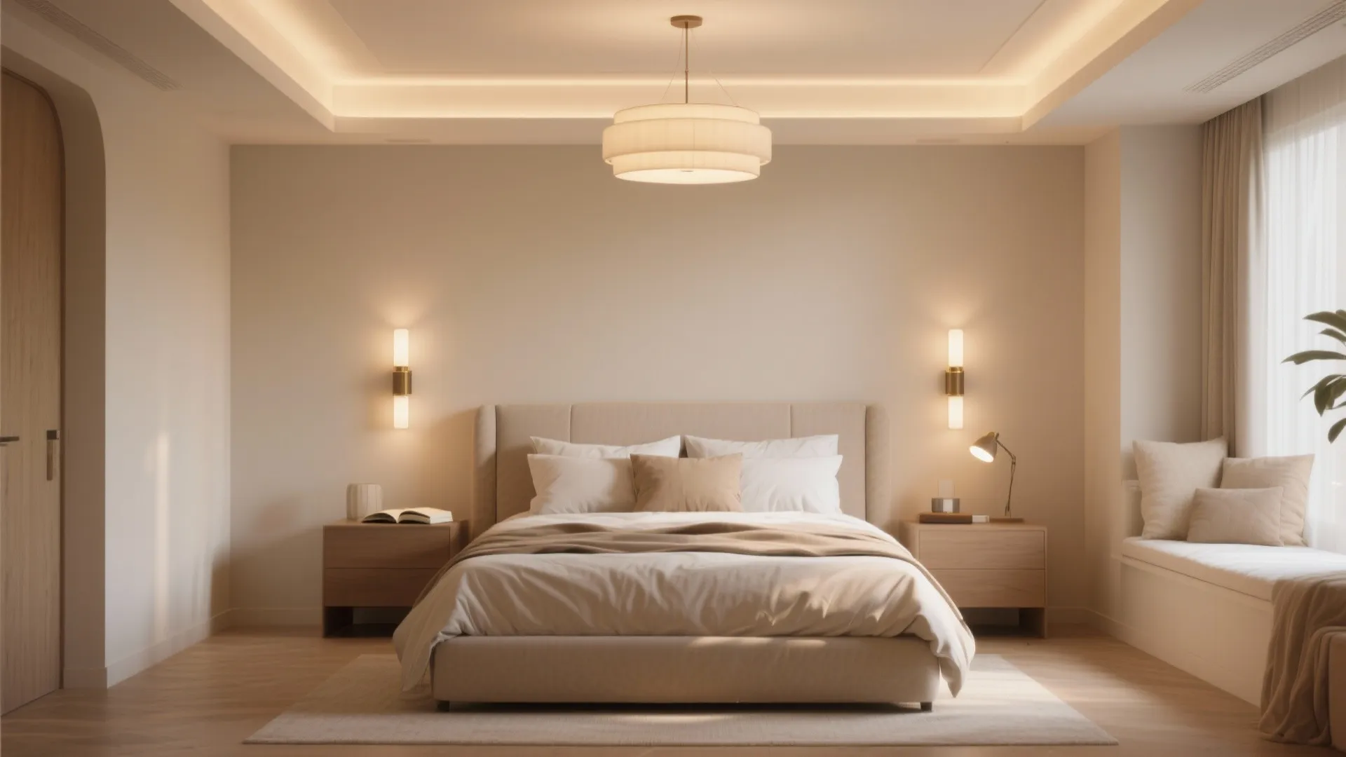 Warm beige bedroom featuring a ceiling light wall lights and a table lamp near bed
