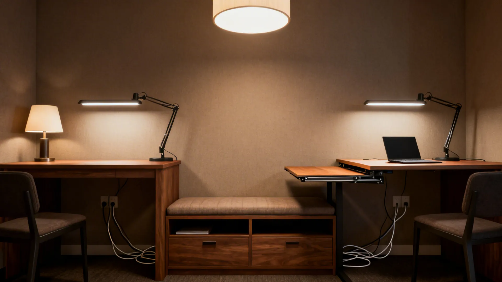 Layered lighting and multi-use furniture like a bench with storage and a fold-down desk in a shared room.