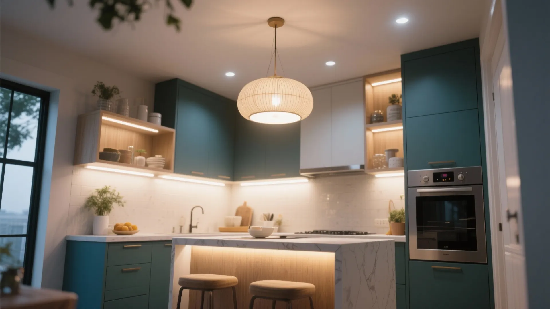 Small kitchen with layered lighting including under-cabinet, ceiling, and pendant fixtures