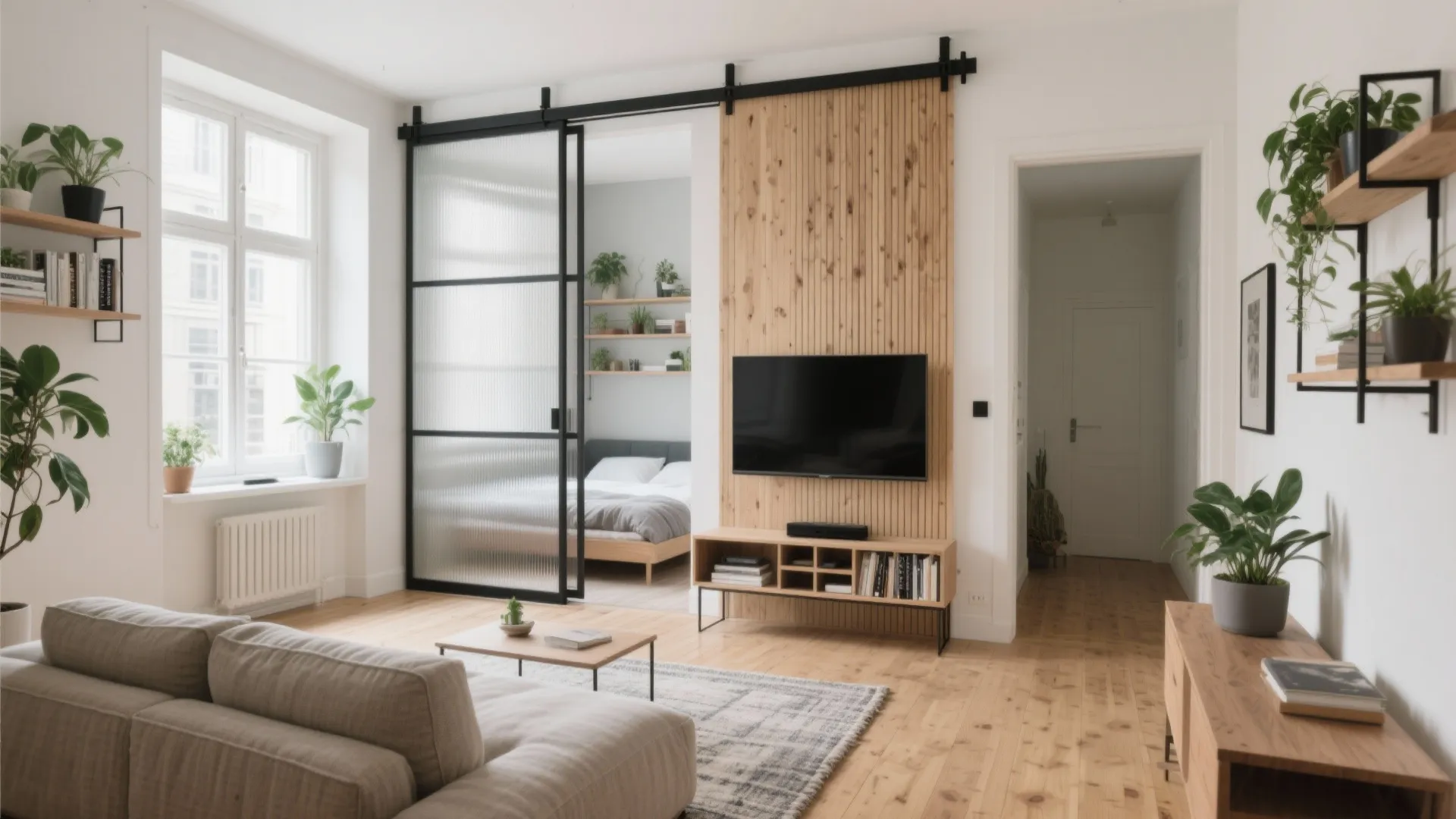 Modern living room with sliding glass door leading to bedroom plus wooden wall panel for television