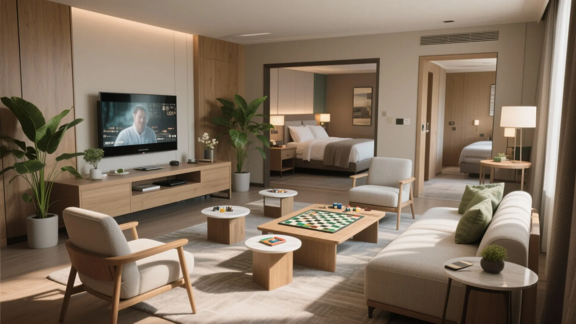 Hotel suite living room with movable furniture arranged for movie night and games.
