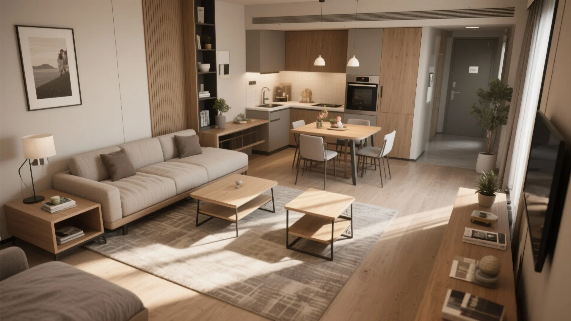Flexible living area with convertible sofa and fold-down table showing adaptive furniture arrangements.