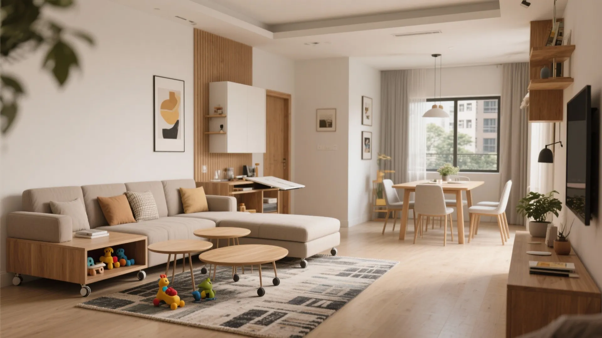 Flexible living-dining with zone-able furniture