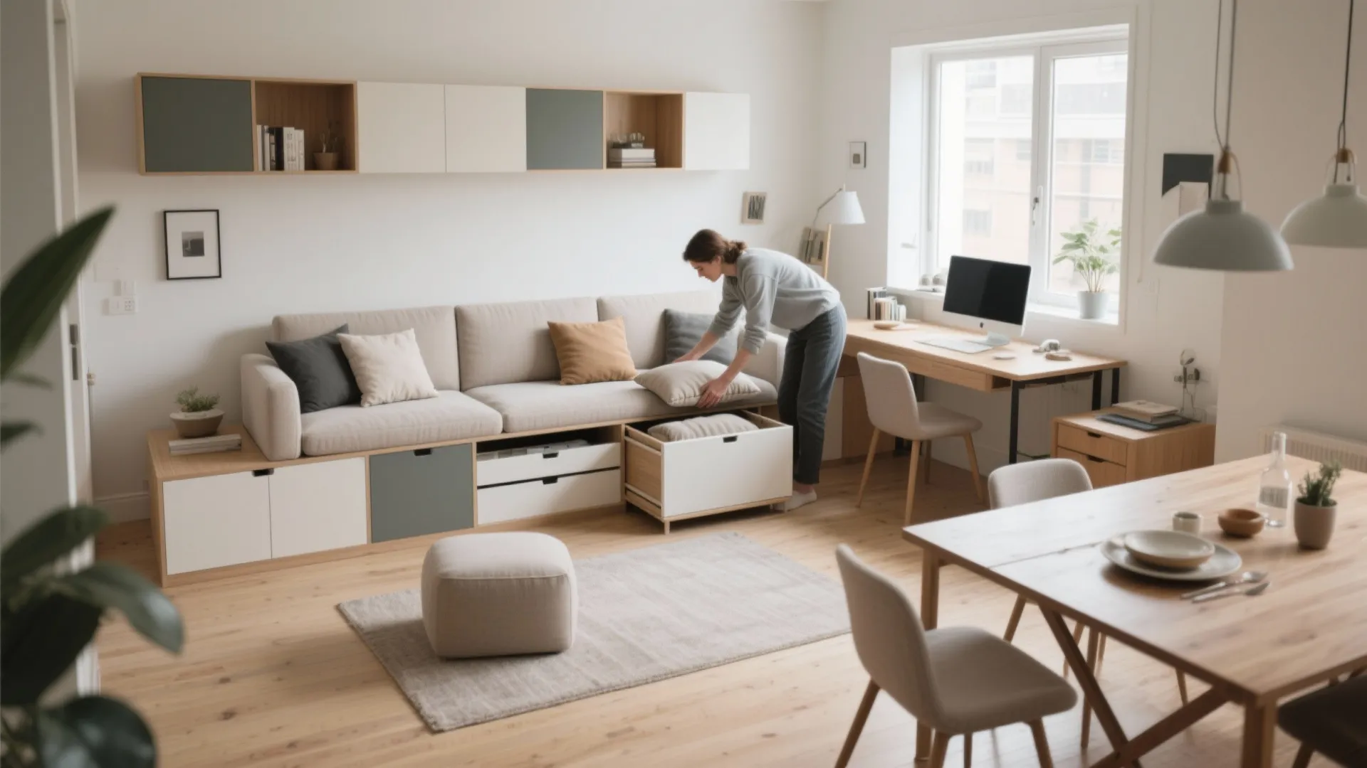 Modular sectional with hidden storage and a convertible console-desk in a compact living area