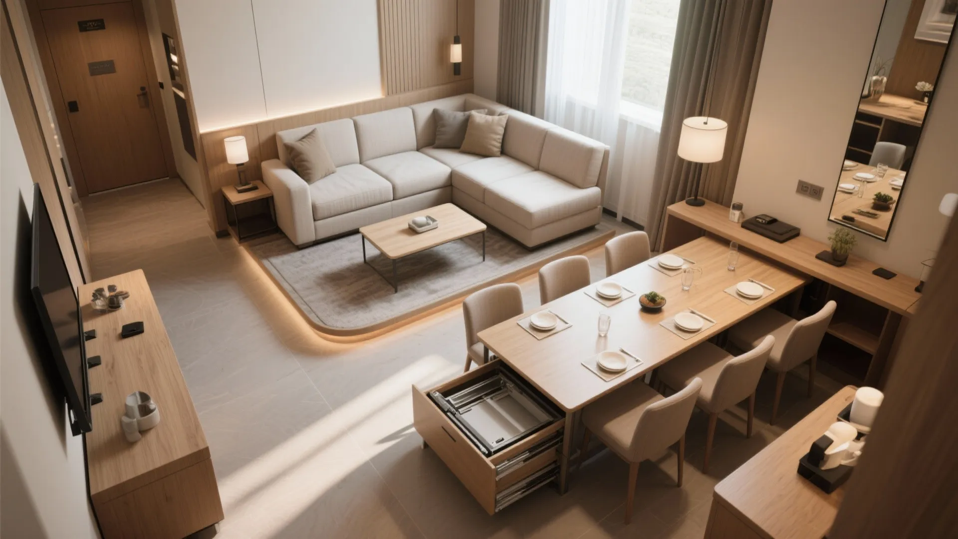 1. Flexible Living Zone with Pull-Out Dining
