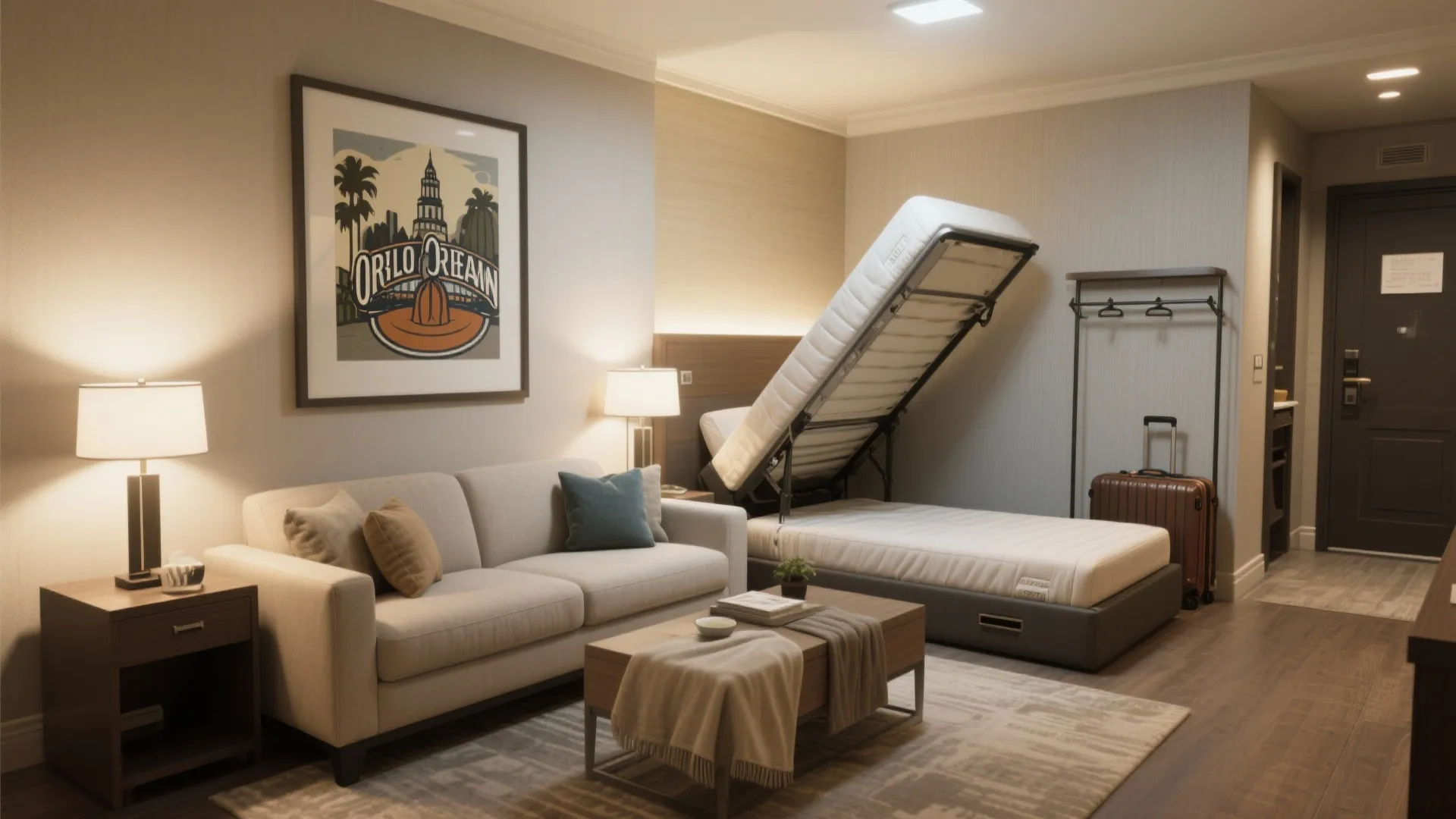 Modern living room featuring a grey sofa and a functional fold out bed for extra guests