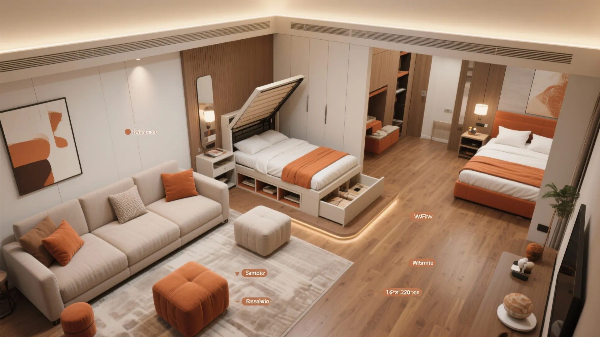 Flexible living zone with modular daybed and Murphy bed in a compact suite layout