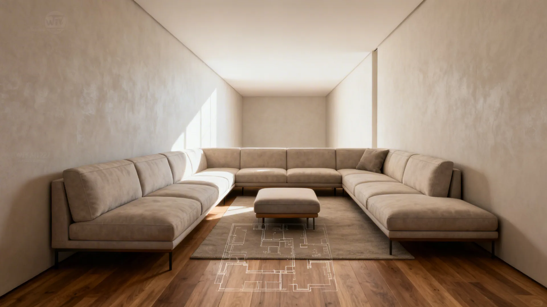 Flexible L-shaped modular sofa in a narrow living room with ottoman and clear walkway.