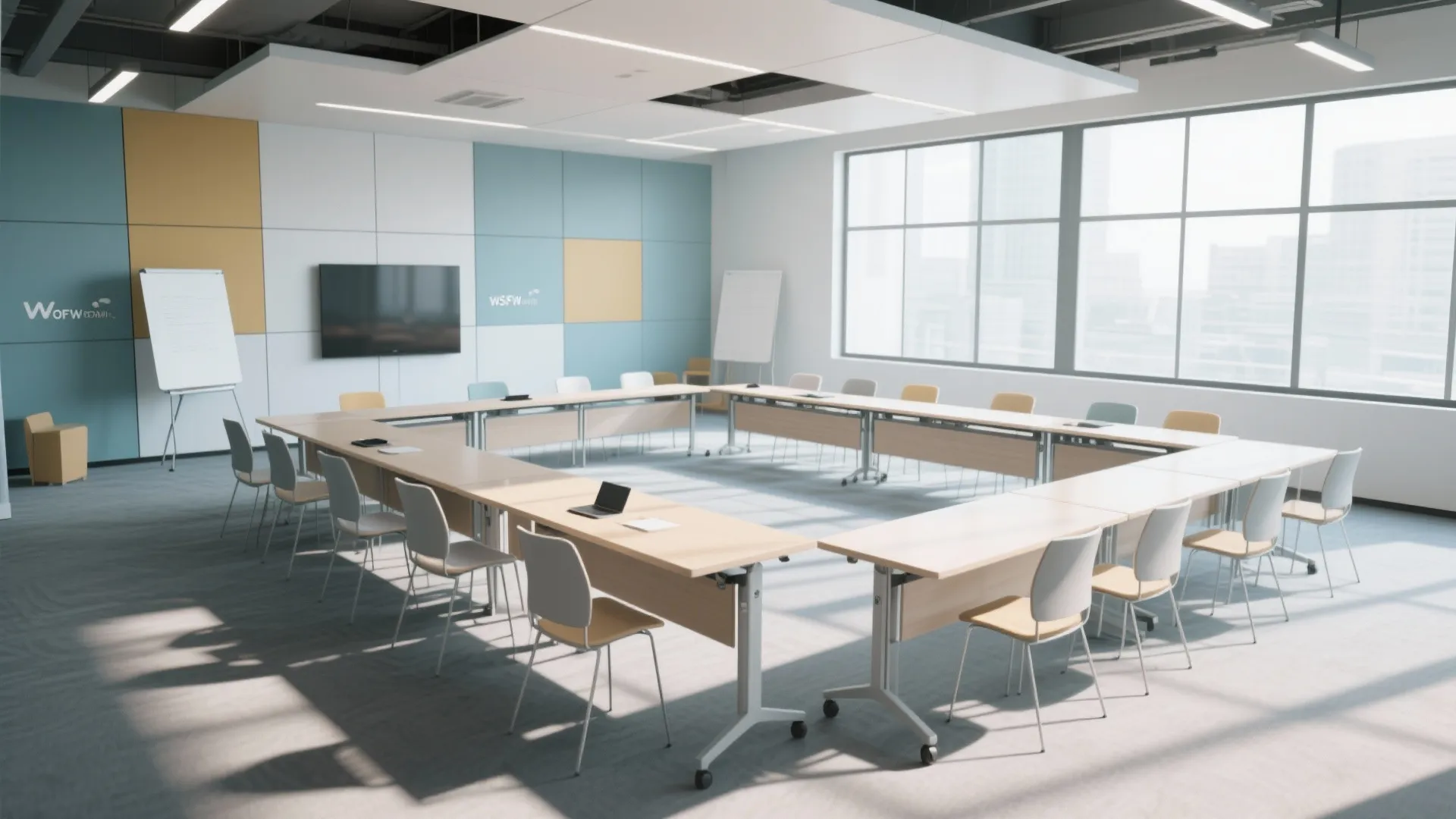 Large training room with modular tables arranged in square layout white boards and blue walls