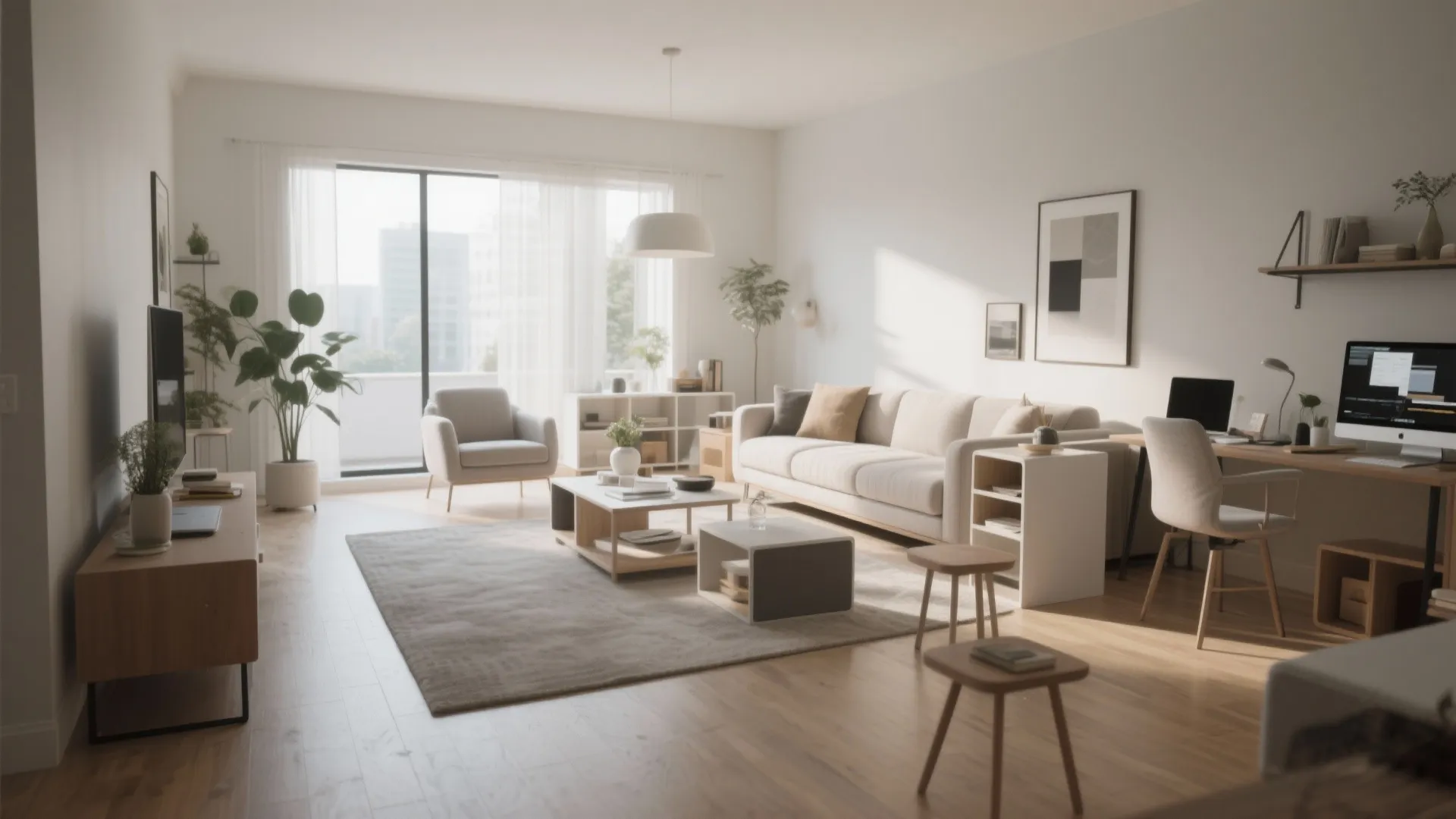 Modern open living room and workspace with sofa, desk, chair, coffee table, and natural light