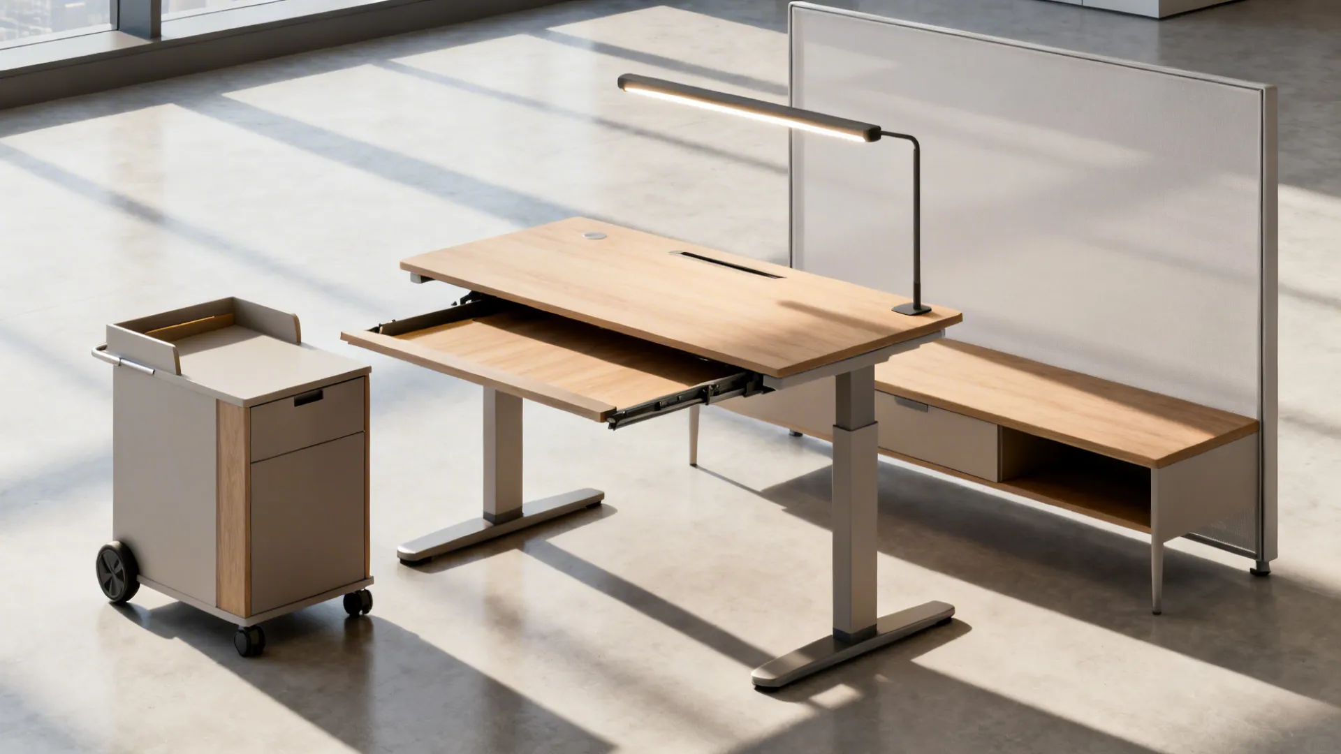 Fold-away desk, mobile console and hidden-storage bench showing multifunction living room setup.