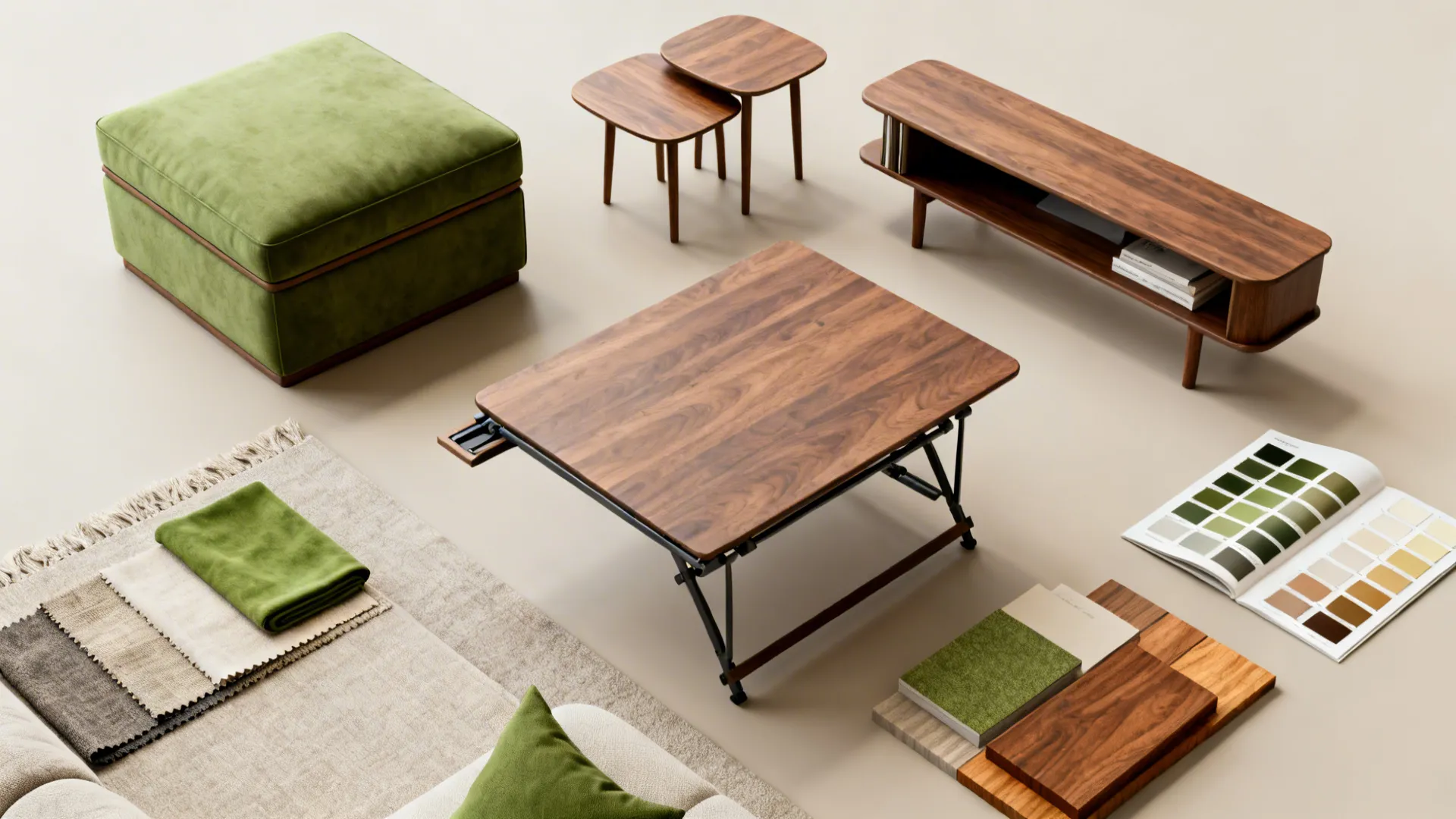 Flatlay of multi-use living room pieces: storage ottoman, nesting tables, fold-down table and samples