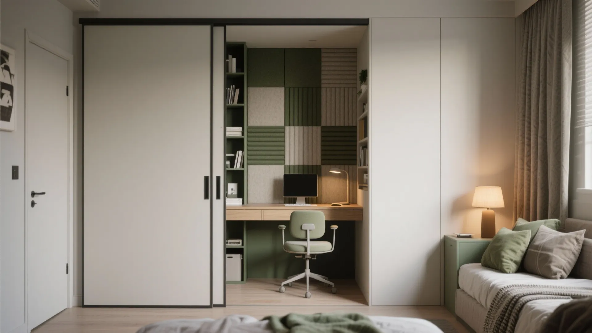 Modern home office with hidden desk behind sliding doors featuring green wall panels and shelving