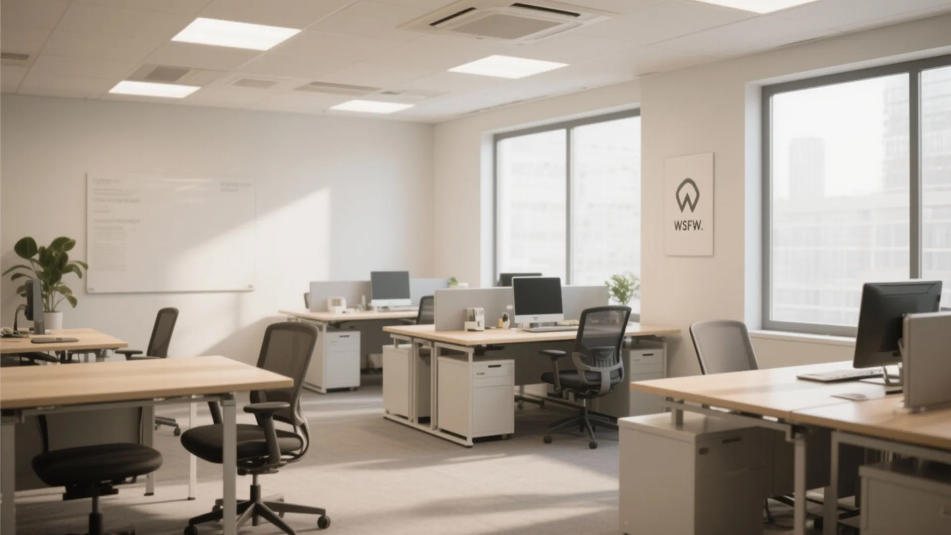 Modern office room with rows of wooden desks black chairs computer monitors and large windows