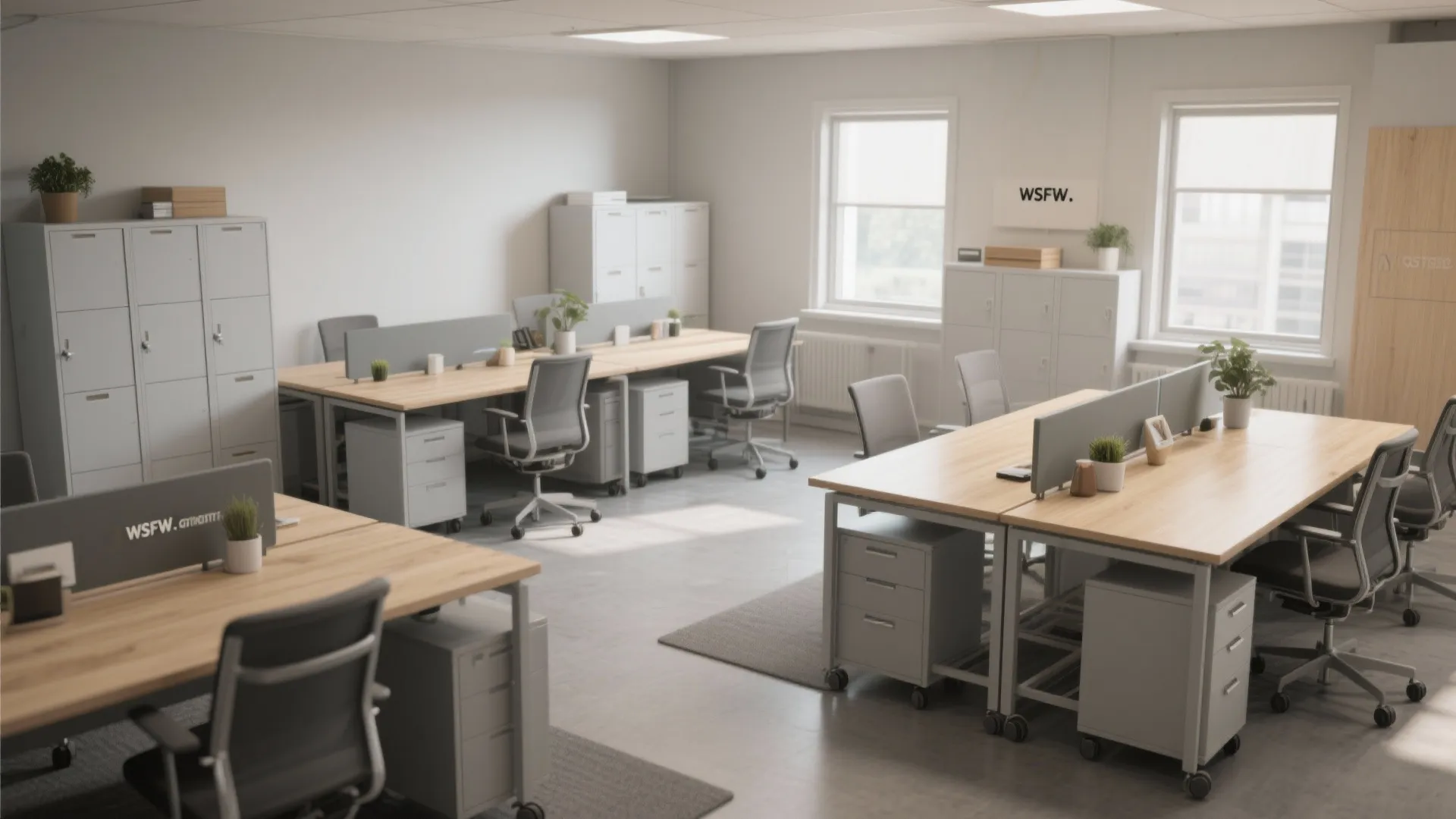 Modern open plan office with wooden desks grey chairs white storage cabinets and large bright windows