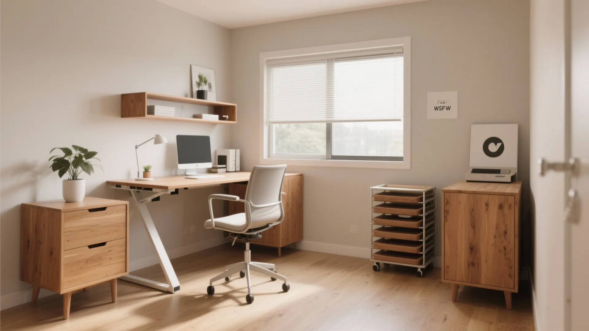 Small office with folding desk, nesting chairs and mobile storage