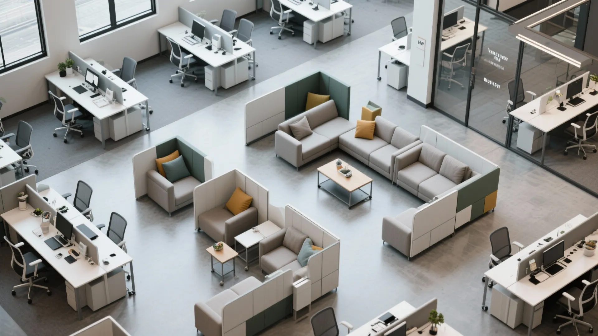 Wide view of an open office with white desks, grey chairs, and a central sofa area