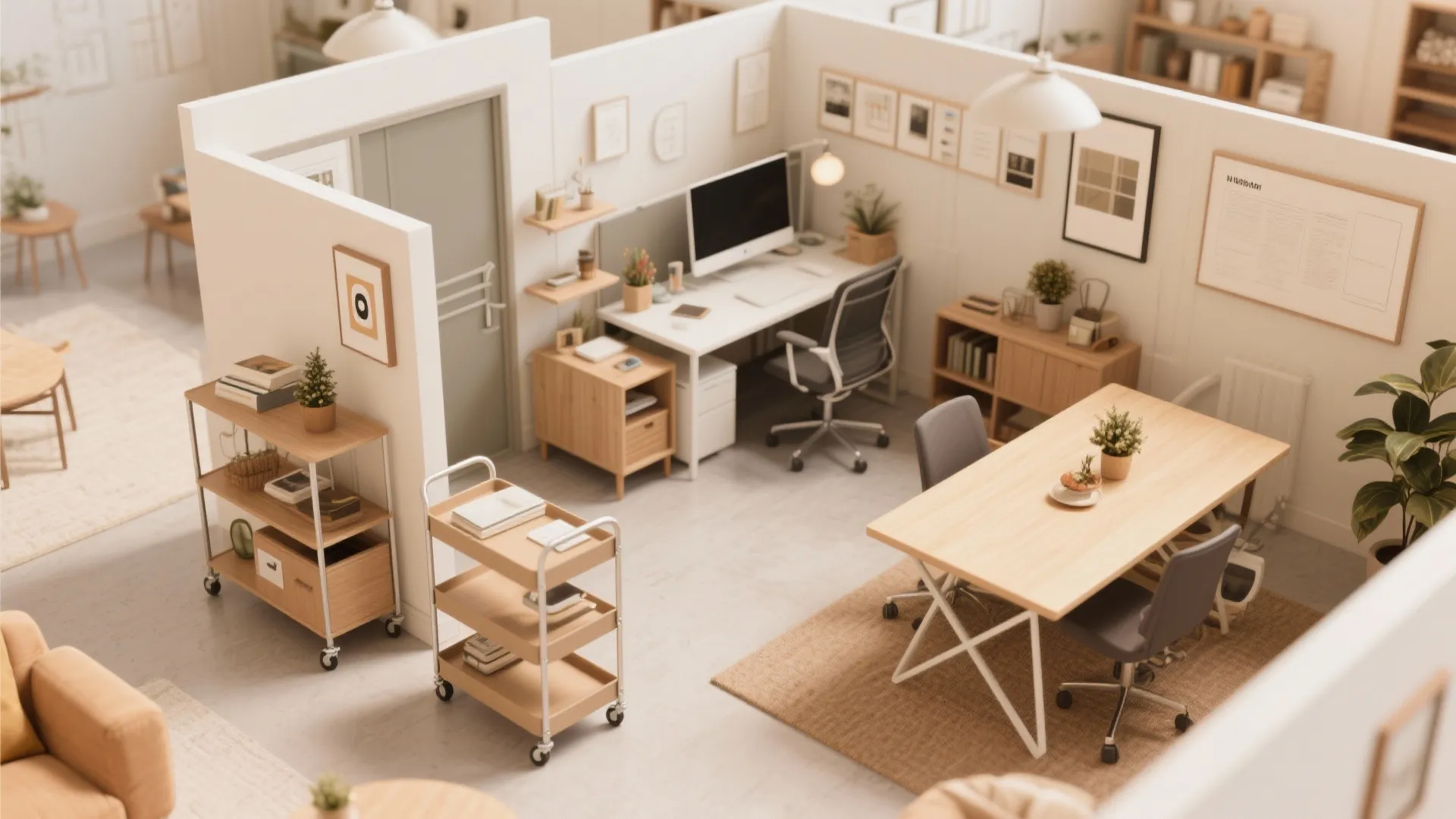 Modern open plan office interior design with wooden desks and white walls in neutral colors