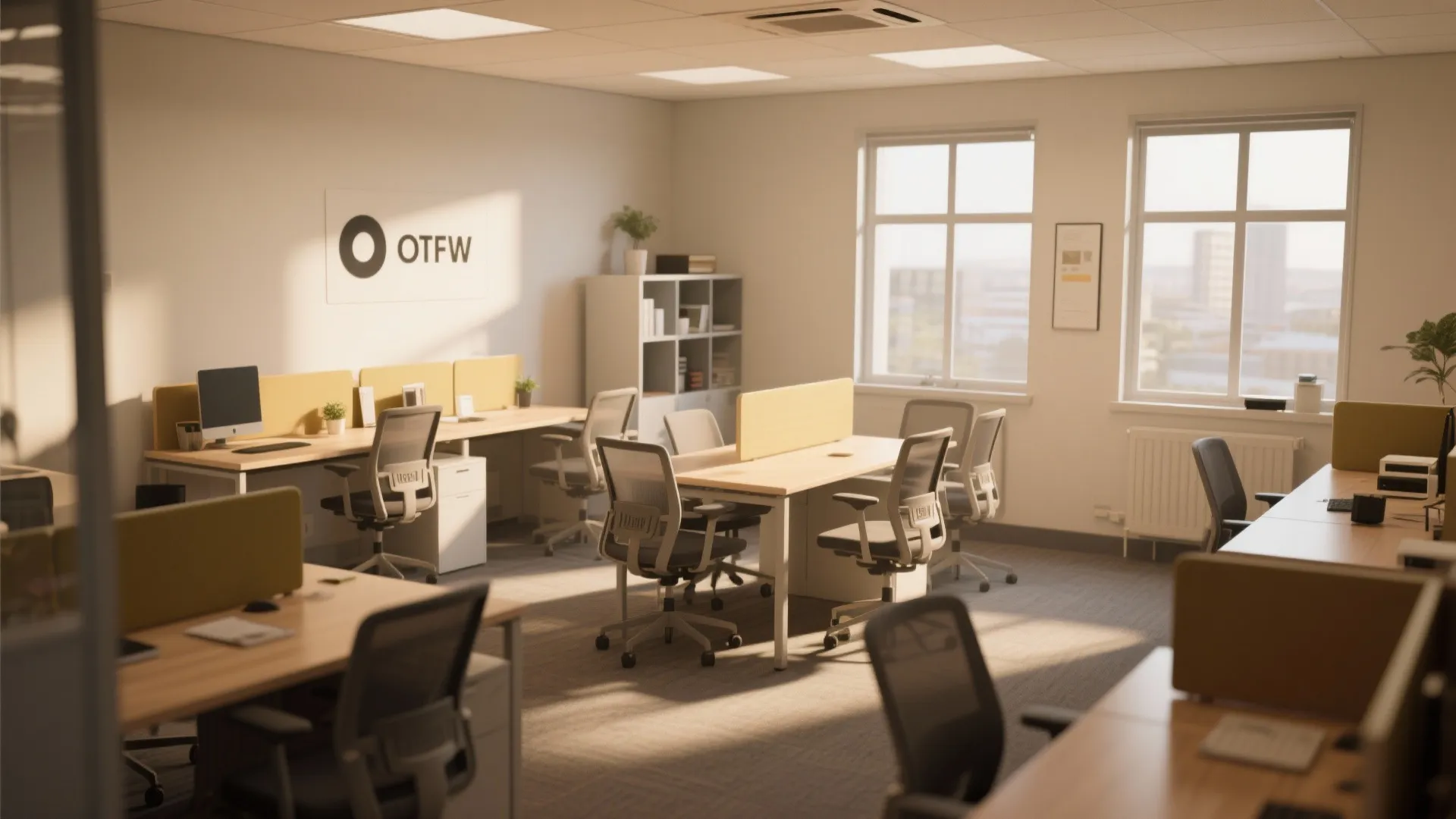 Sunlit modern office room layout with wooden desks grey chairs white walls and large windows