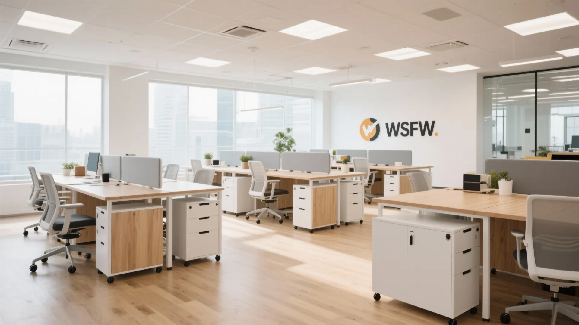 Open office with modular movable desks and storage units