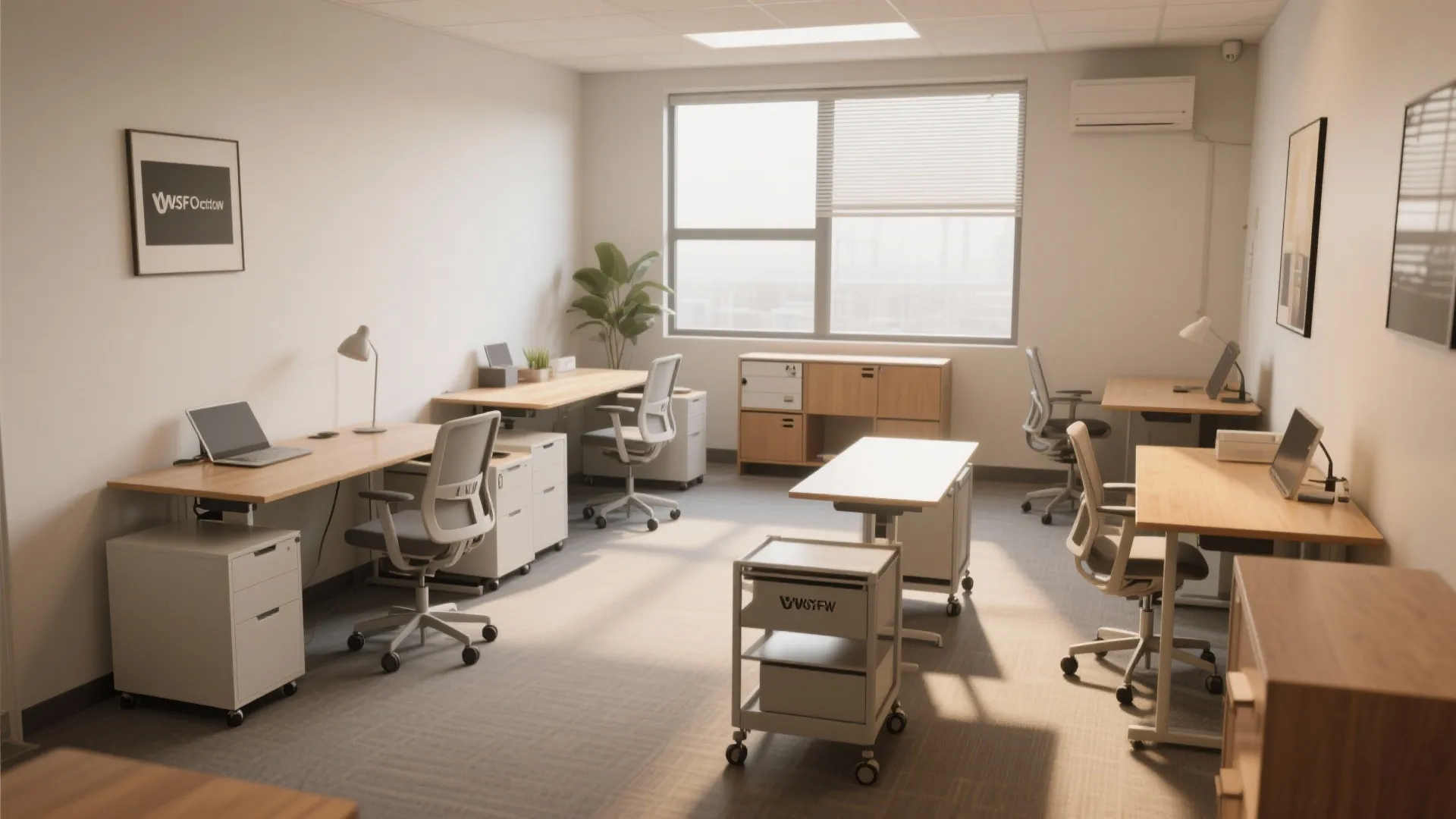 Office with movable desks, foldable tables, and mobile storage units