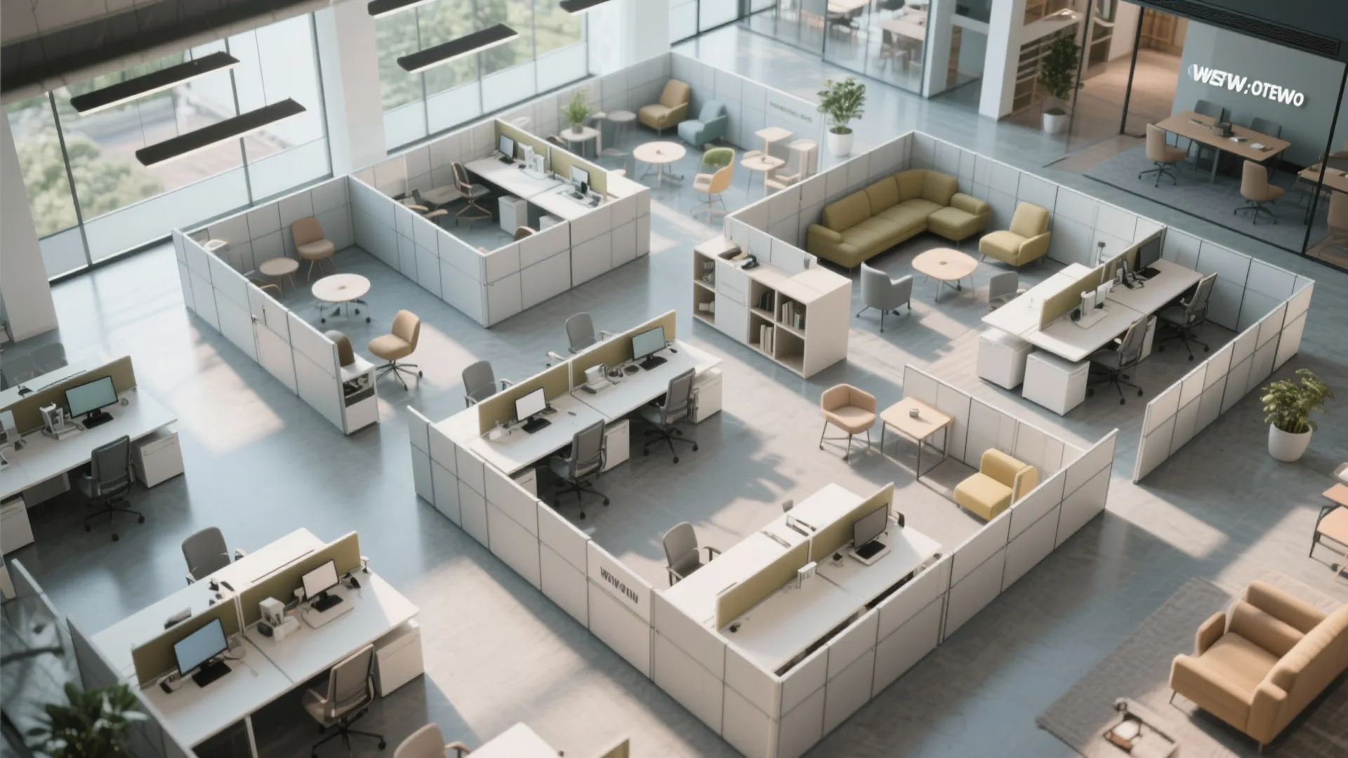 Modern open plan office layout with white cubicles and small lounge areas with yellow sofas