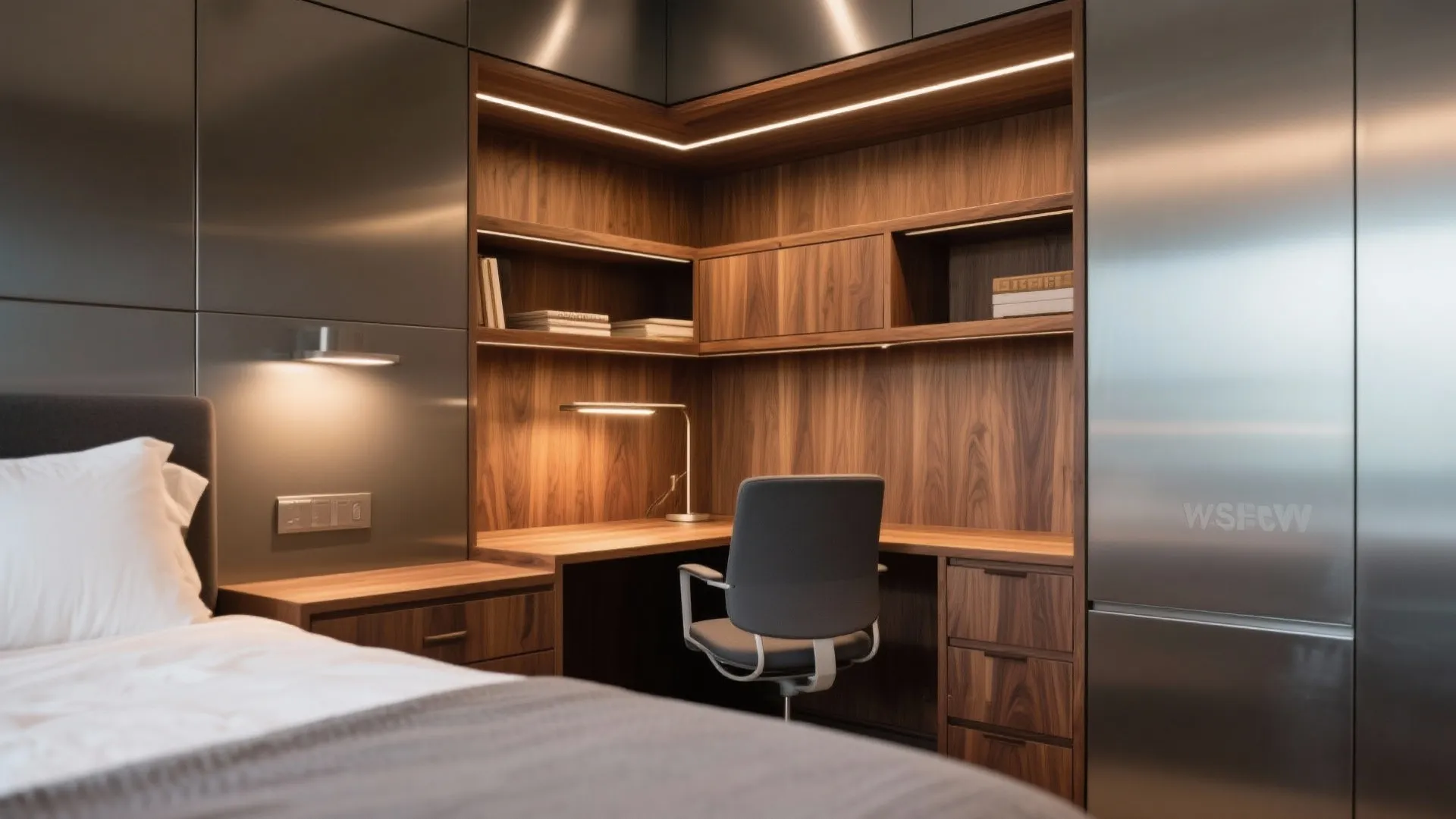 Built in wooden corner desk with shelves and office chair next to a grey bed
