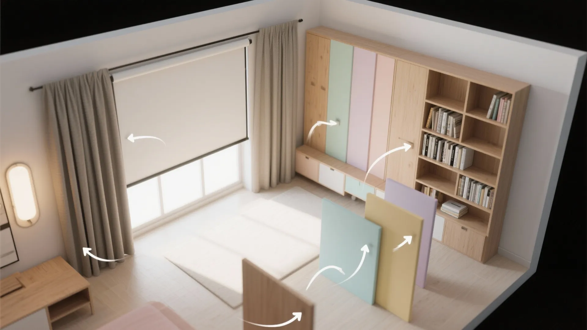Modern room layout with colorful wall panels and wooden shelves showing different home furniture design options