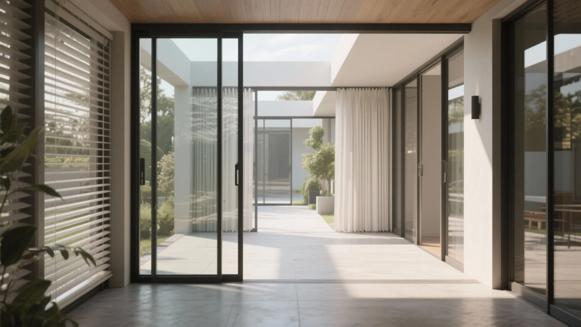 Breezeway with sliding partitions for seasonal use