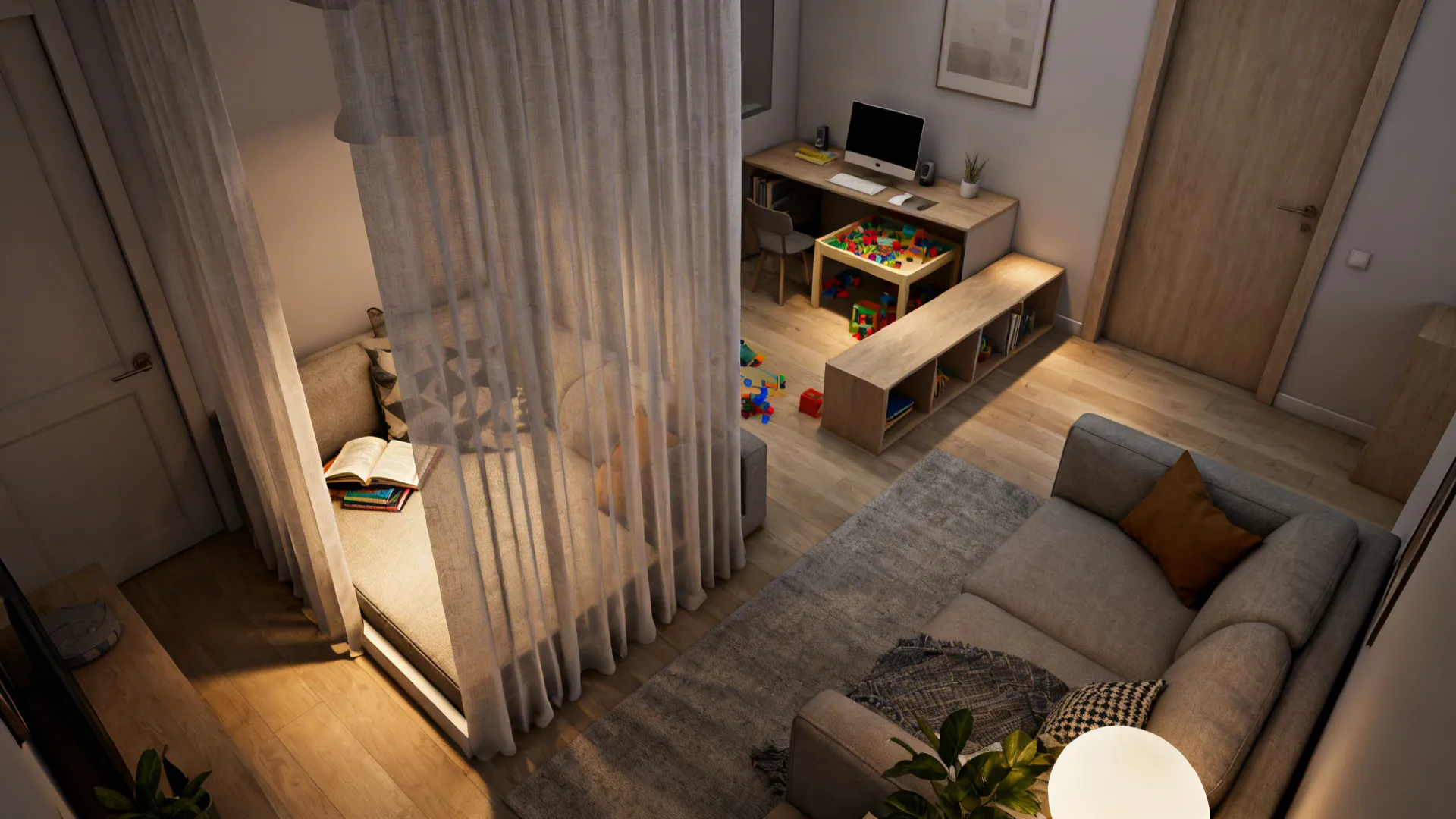 Small living room with curtain partition and low open shelving creating zones